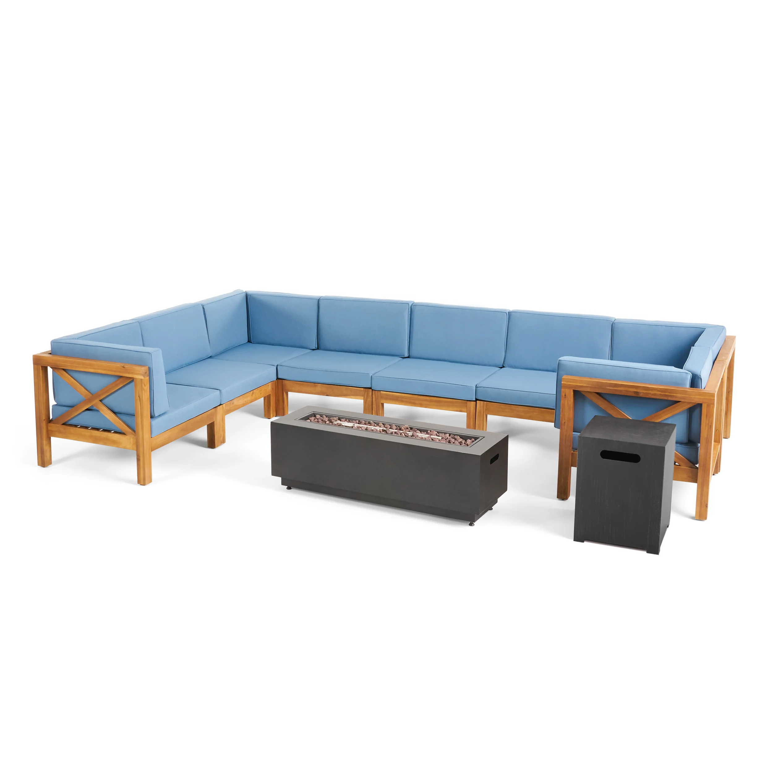 Muriel Outdoor Farmhouse Acacia Wood 8 Seater U-Shaped Sectional Sofa Set with Fire Pit - furnishings