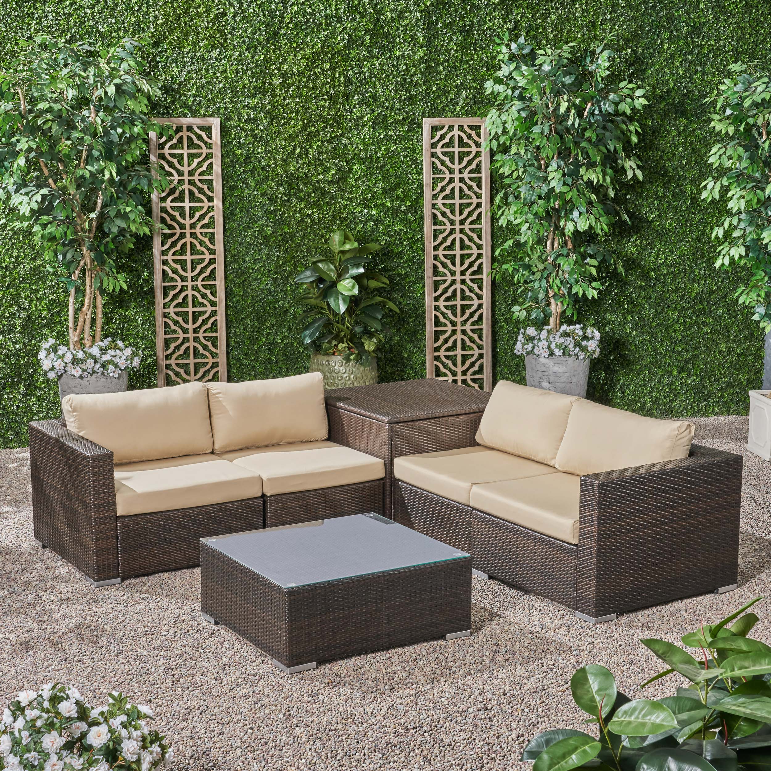 Kyra Outdoor 4 Seater Wicker Sofa Set with Storage Ottoman and Sunbrella Cushions - furnishings