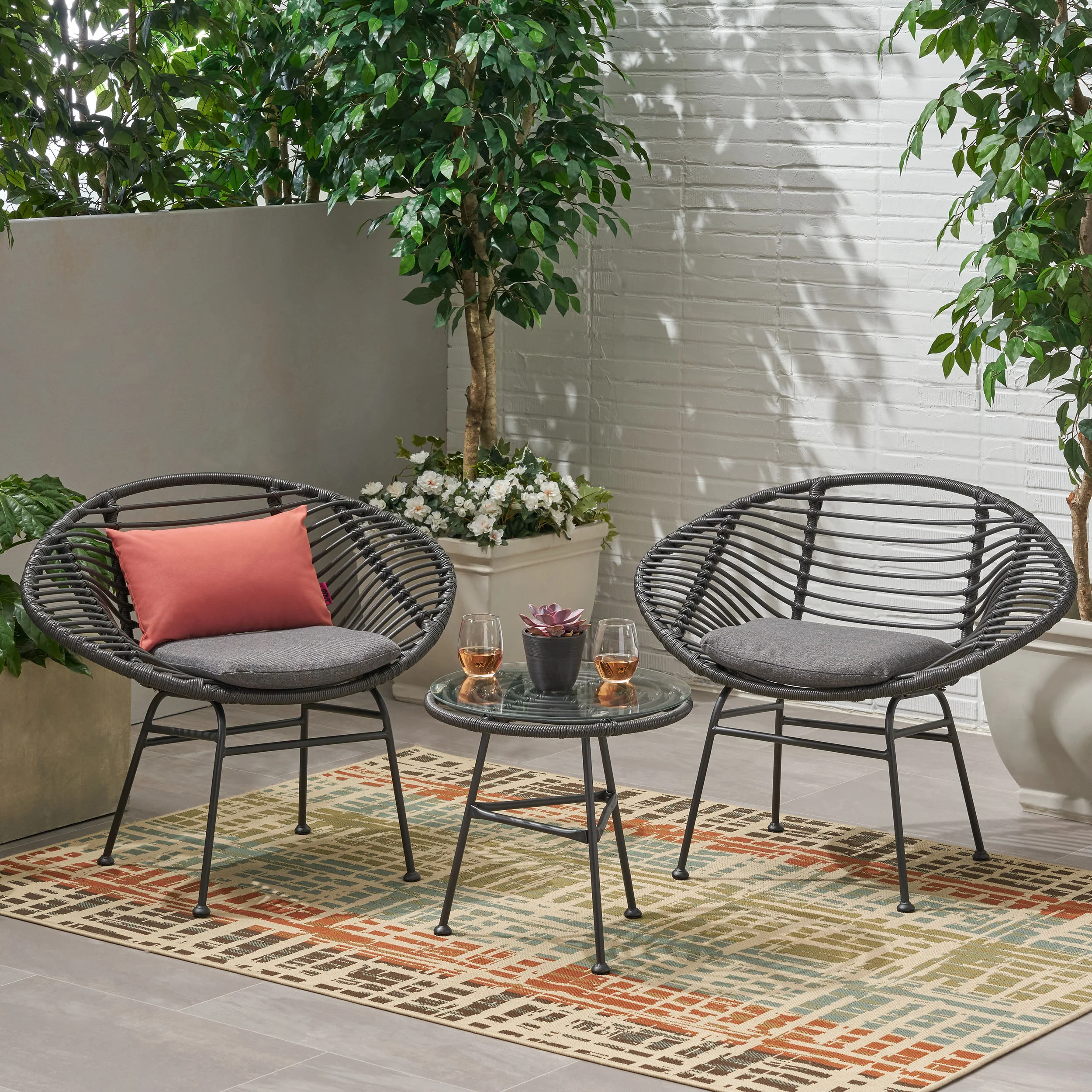 Isabel Outdoor Faux Wicker 2 Seater Chat Set with Tempered Glass Table - furnishings