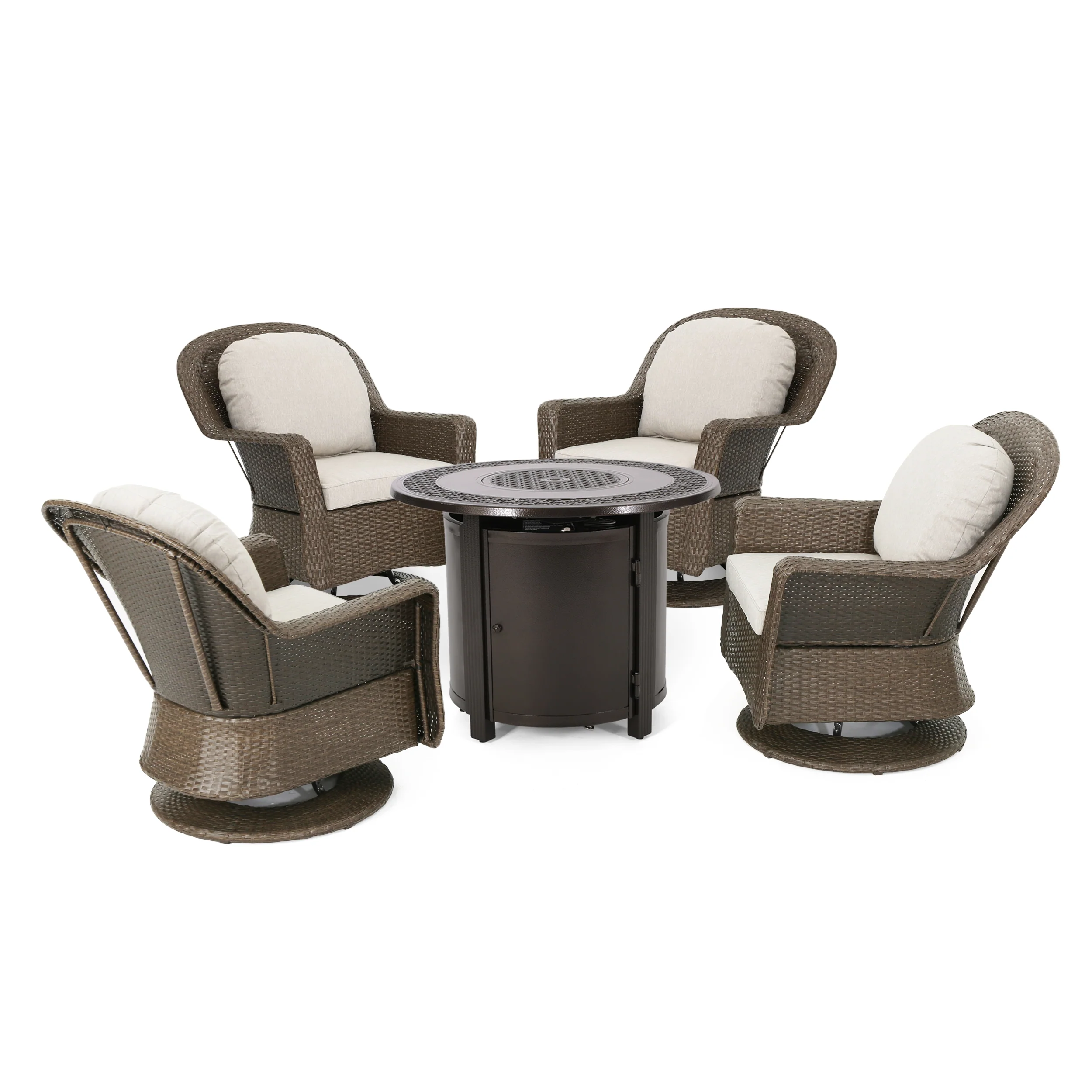 Linsten Outdoor 4 Seater Wicker Swivel Chair and Fire Pit Set - furnishings