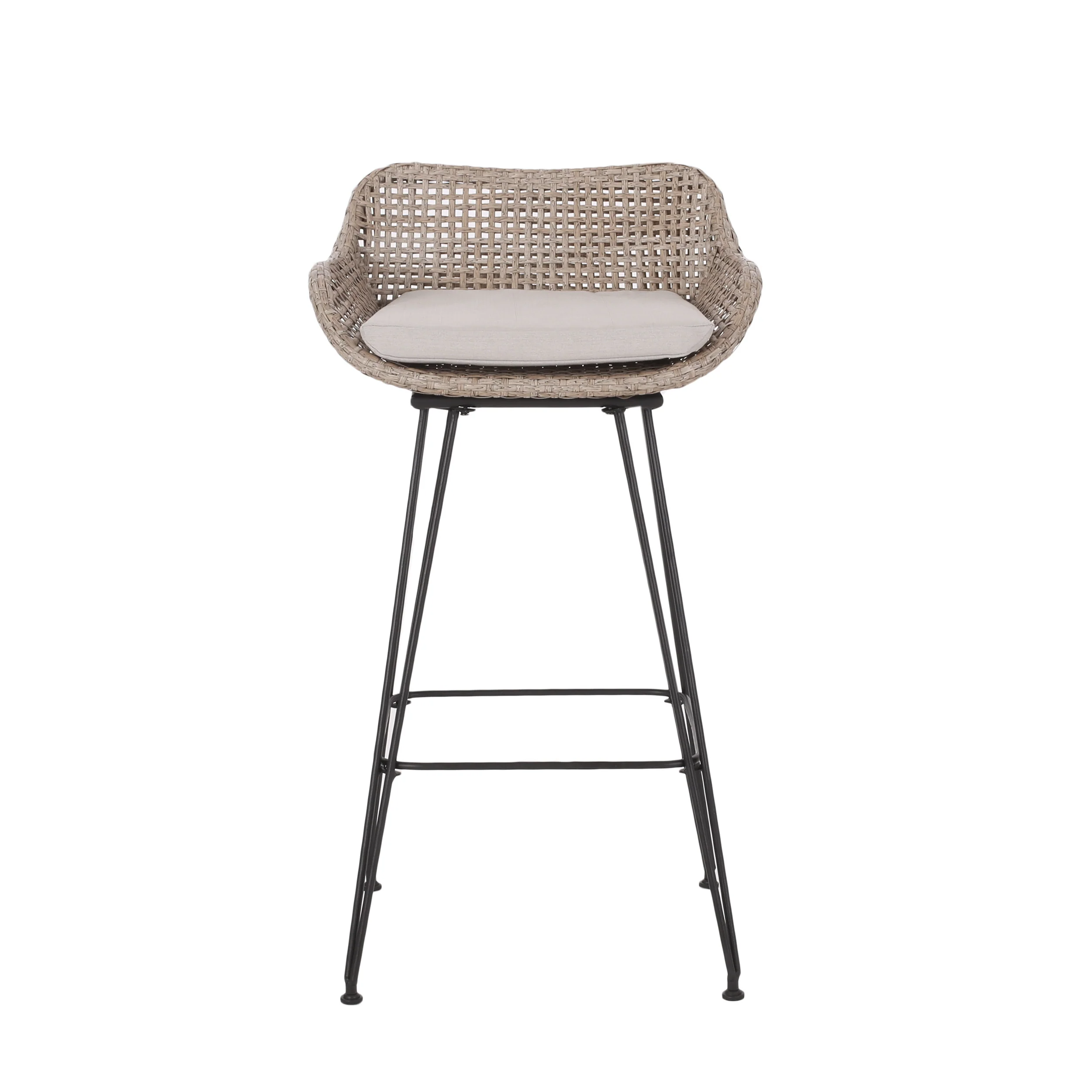 Pondway Outdoor Wicker and Iron Barstools with Cushion, Set of 2 - furnishings