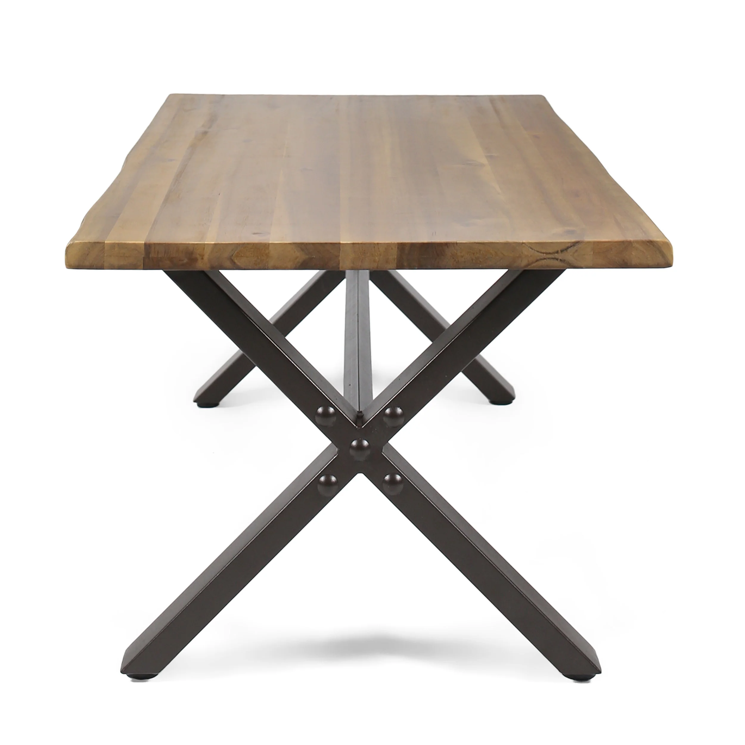 Ishtar Outdoor Farmhouse Teak Acacia Wood Coffee Table with Black X-Frame Legs - furnishings