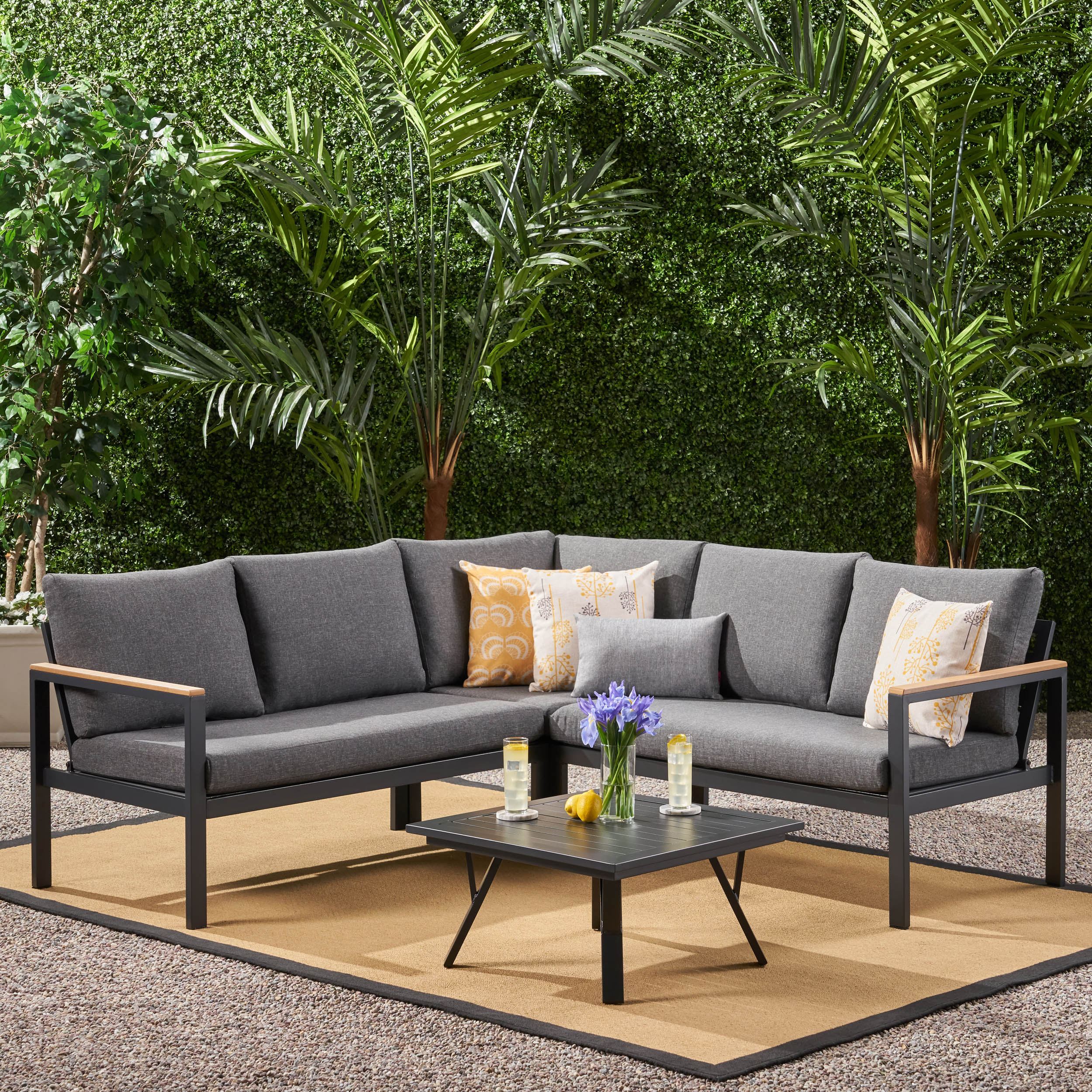Jessica Outdoor Aluminum V-Shaped Sofa Set with Faux Wood Accents, Gray Finish and Gray - furnishings
