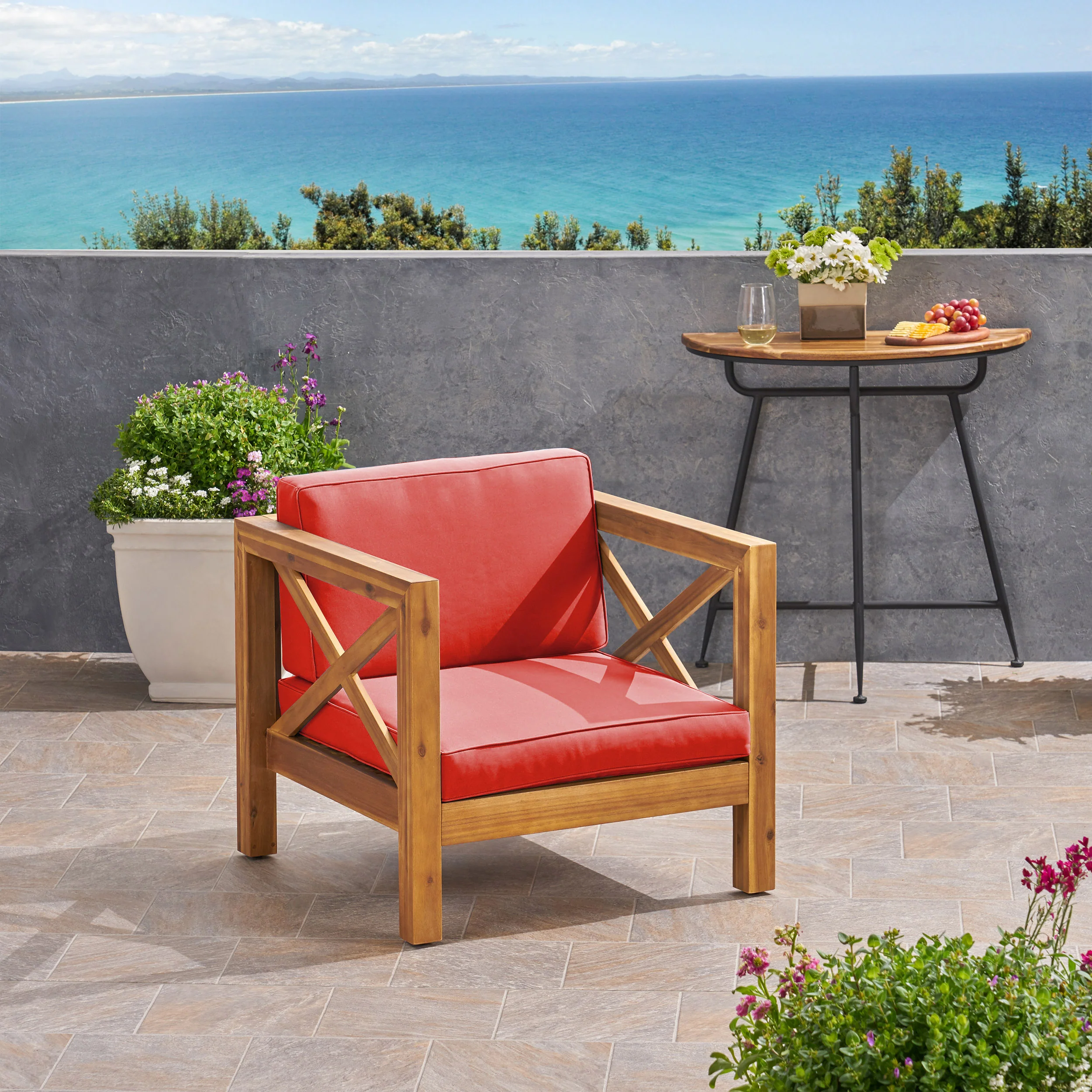 Indira Outdoor Acacia Wood Club Chair with Cushion - furnishings