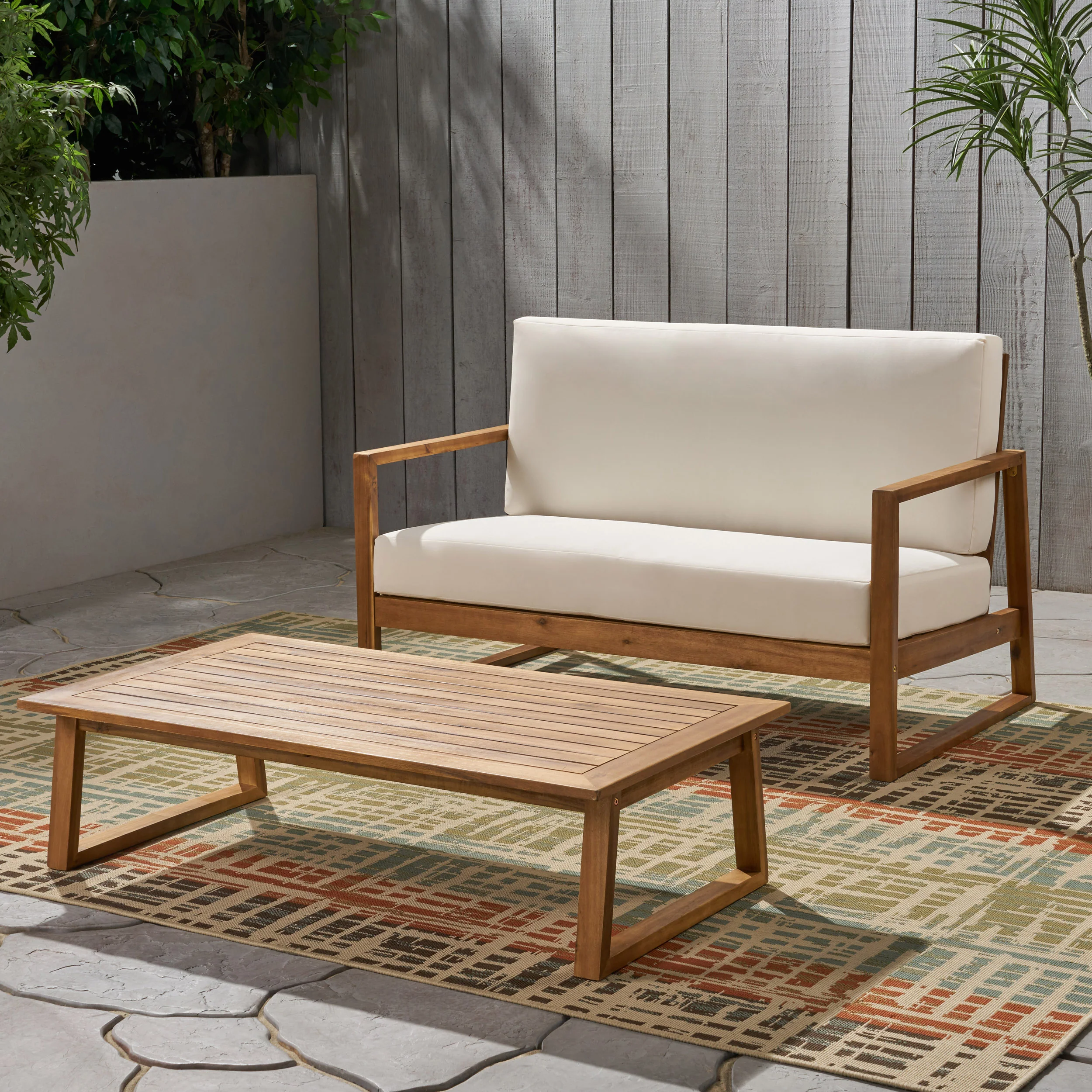 Marlee Outdoor Acacia Wood Chat Set with Coffee Table - furnishings