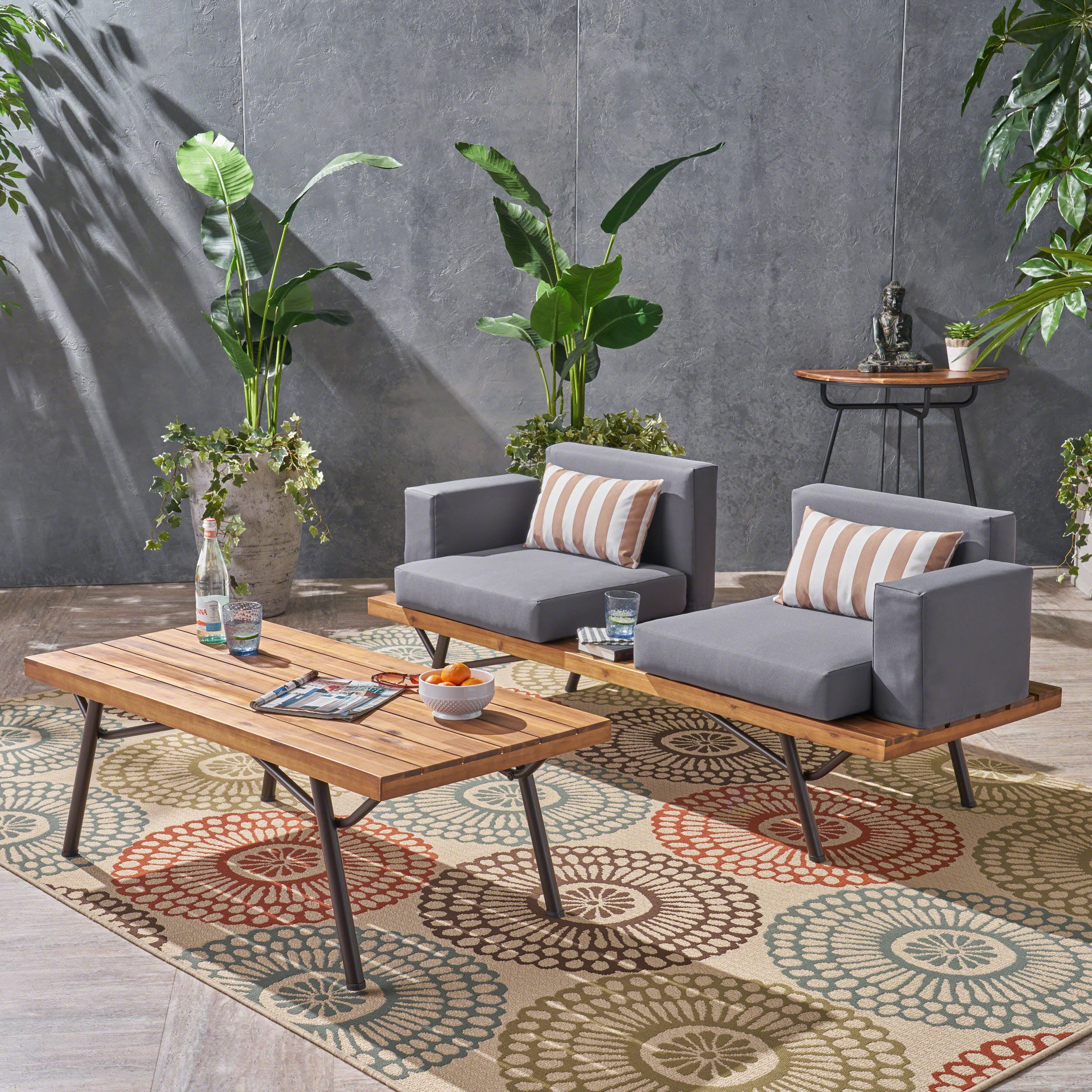 Nora Outdoor Acacia Wood Chat Set, Teak Finish and Dark Gray - furnishings