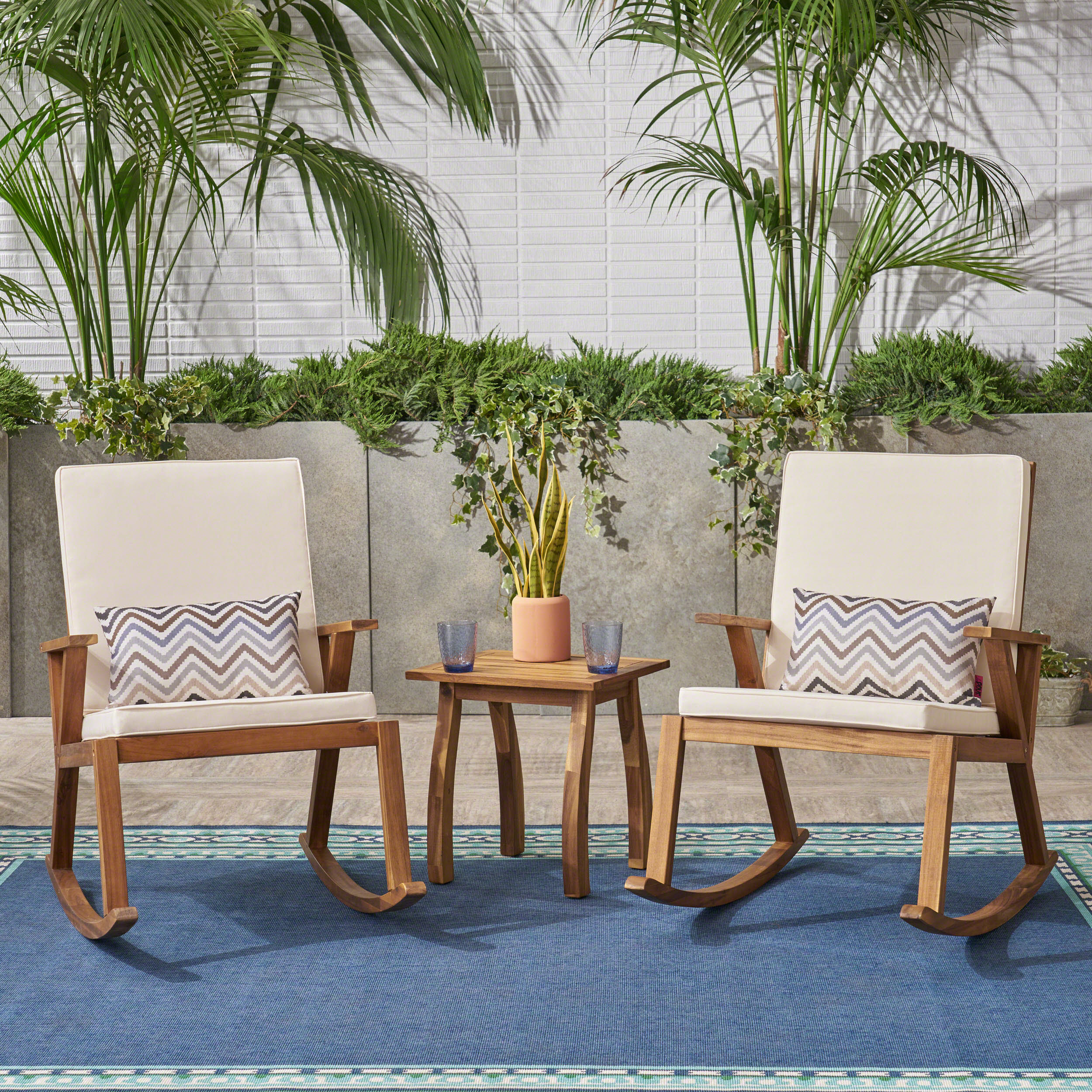 Alize Outdoor Acacia Wood Rocking Chair Chat Set - furnishings