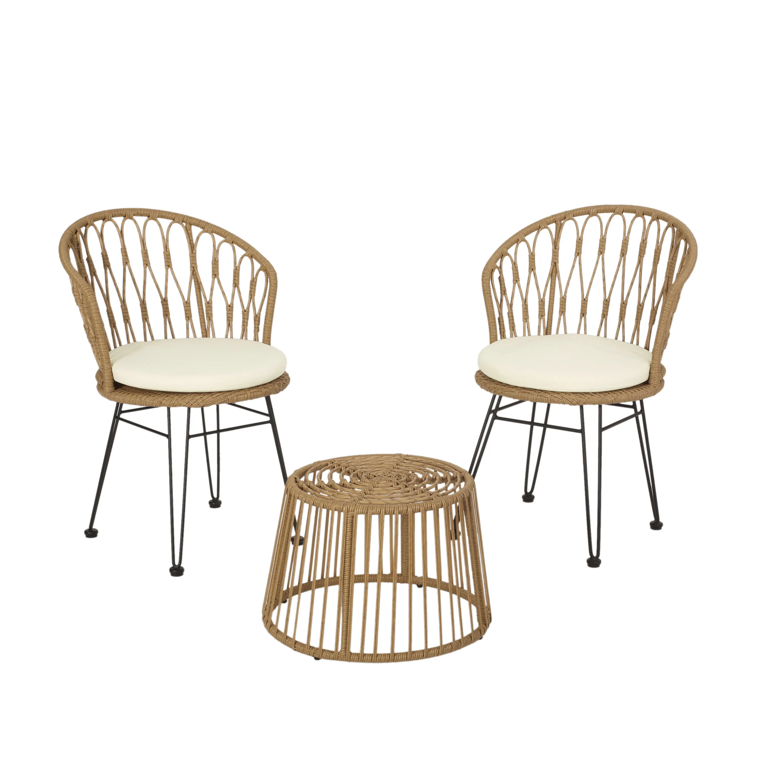 Cowen Outdoor Wicker 3 Piece Chat Set with Cushions, Light Brown, Black, and Beige - furnishings