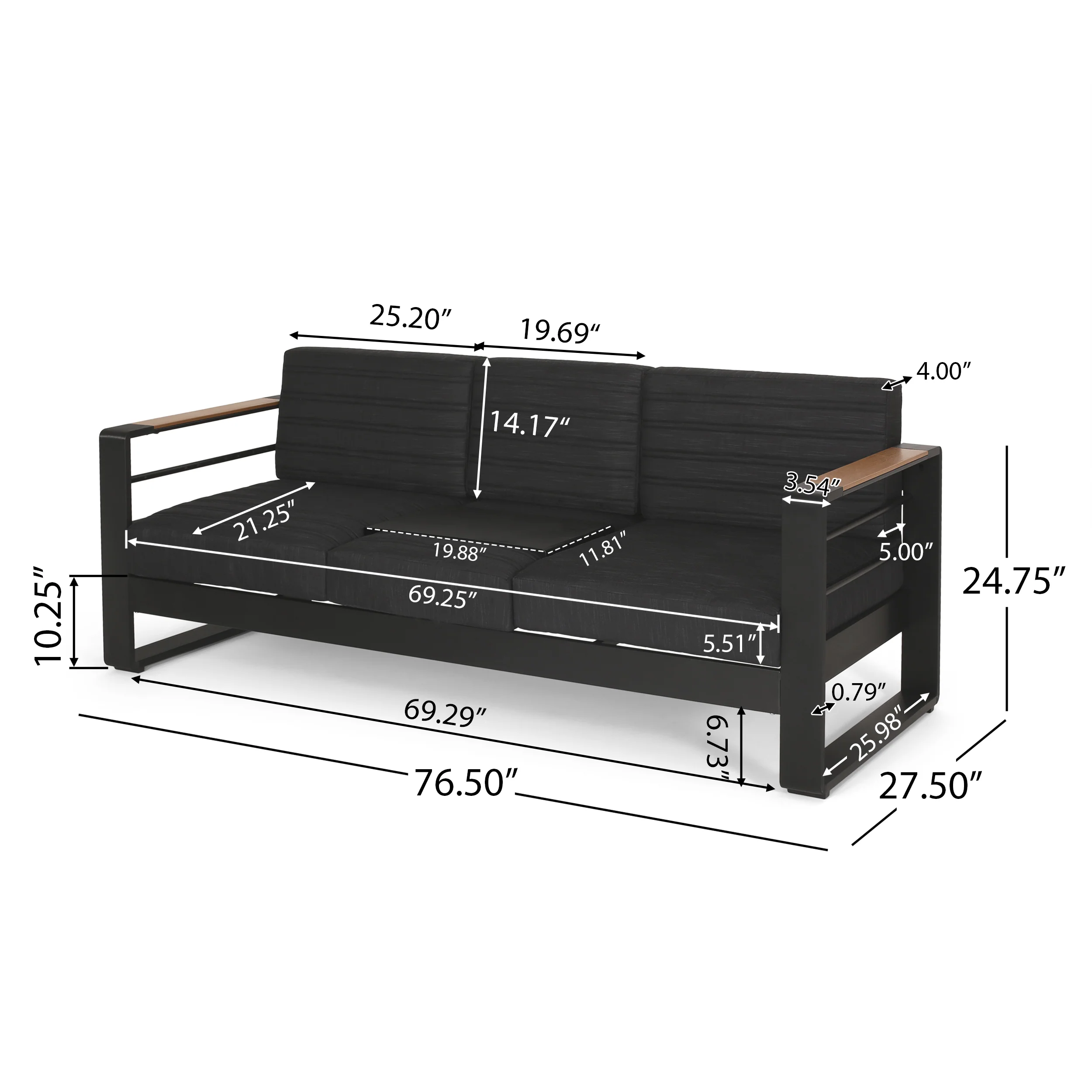 Neffs Outdoor Aluminum 3 Seater Sofa with Water Resistant Cushions, Black, Natural, and Dark Gray - furnishings