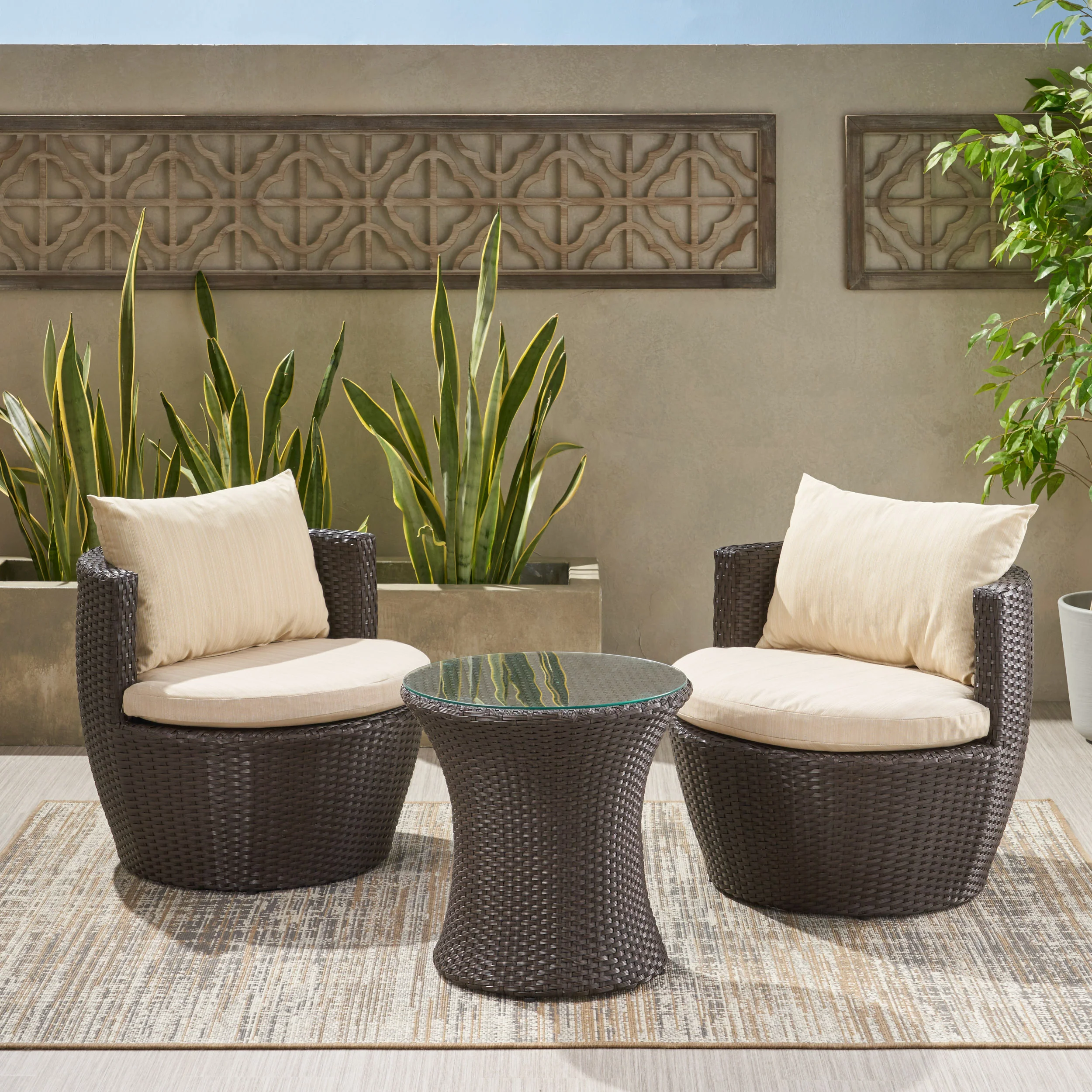 Kyoto Outdoor Round 3-Piece Brown Wicker Chat Set with Beige Cushions - furnishings