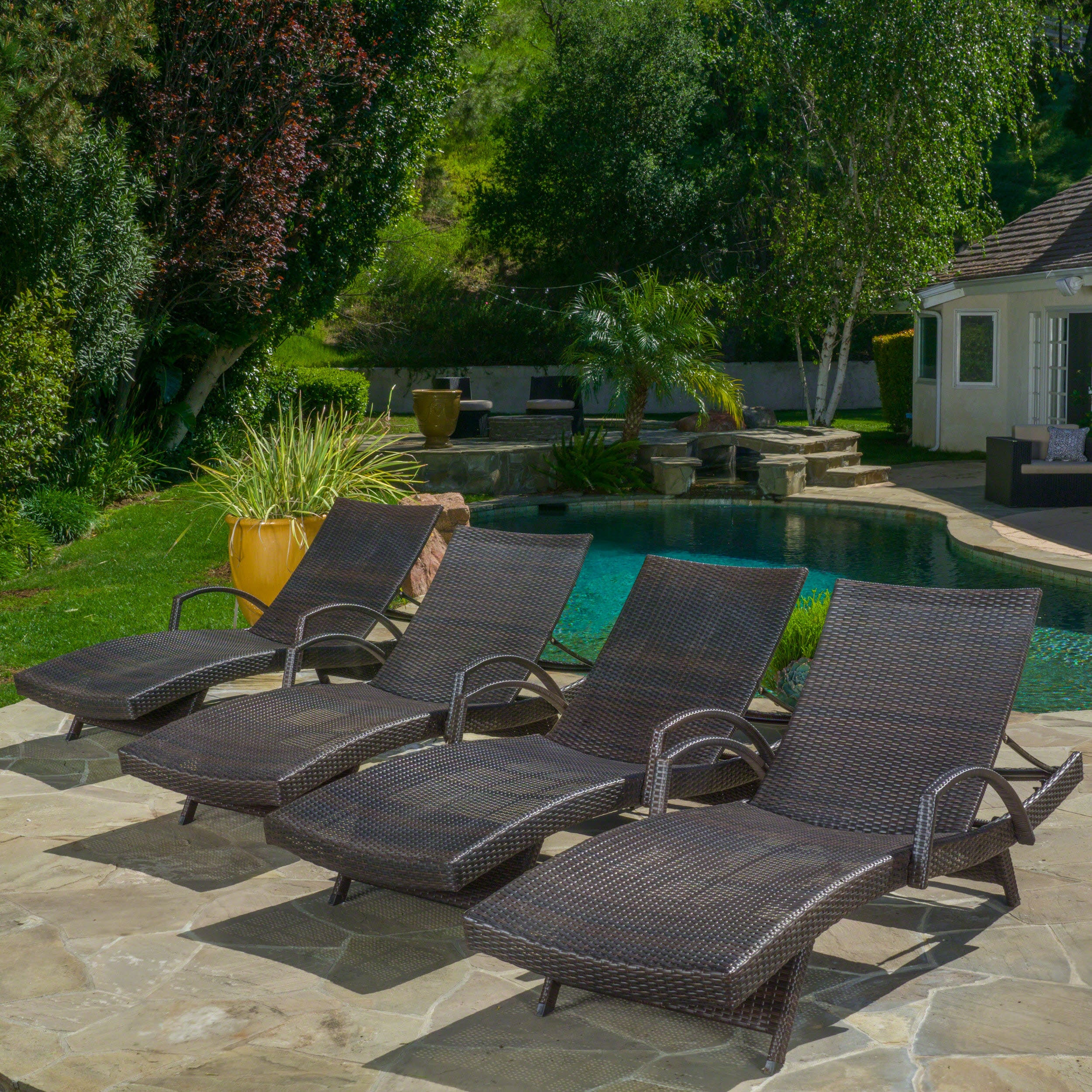 Lakeport Brown Wicker Curved Outdoor Chaise Lounge Chair w/ Arms - furnishings