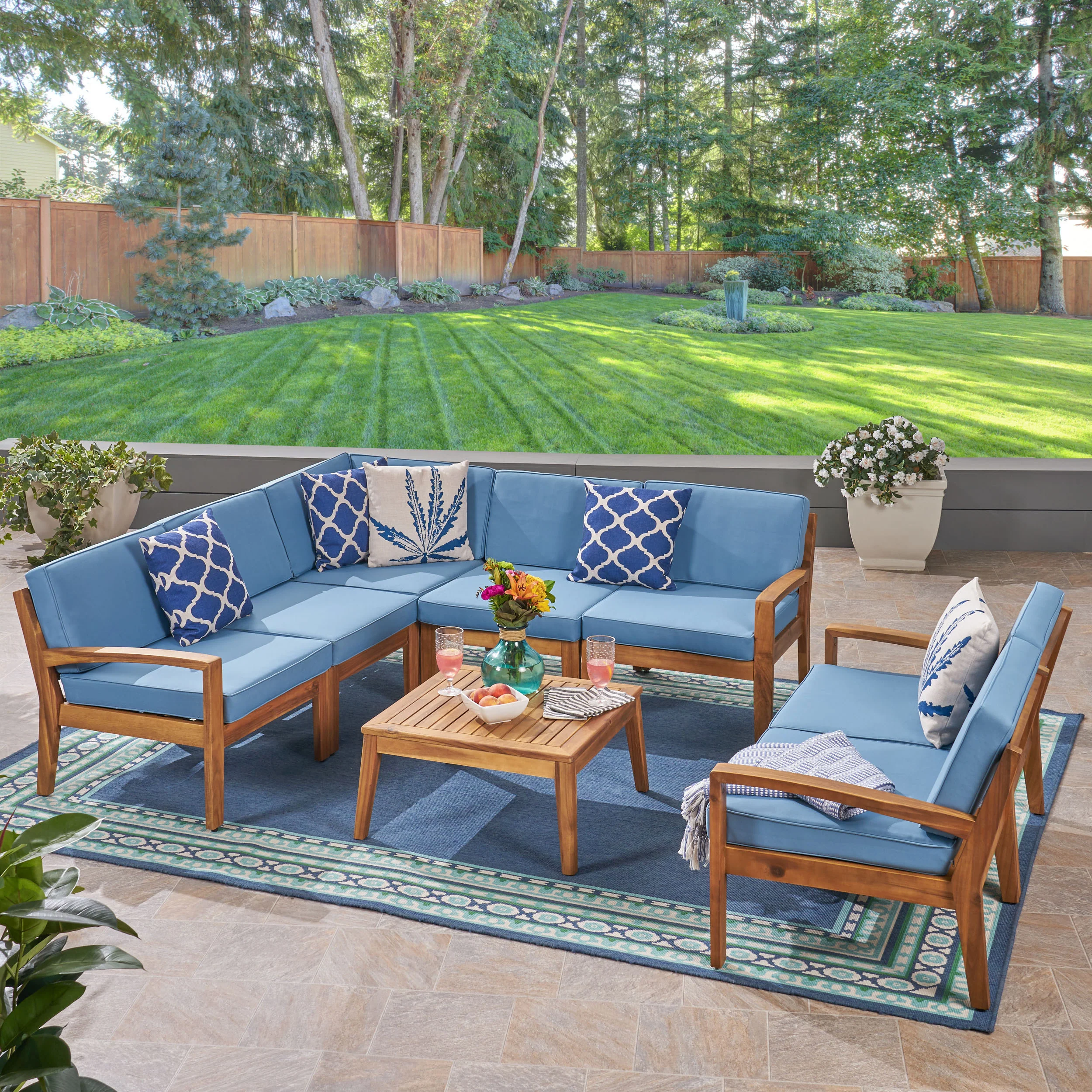 Giselle Outdoor Acacia Wood 7 Seater Sectional Sofa and Loveseat Set with Coffee Table - furnishings