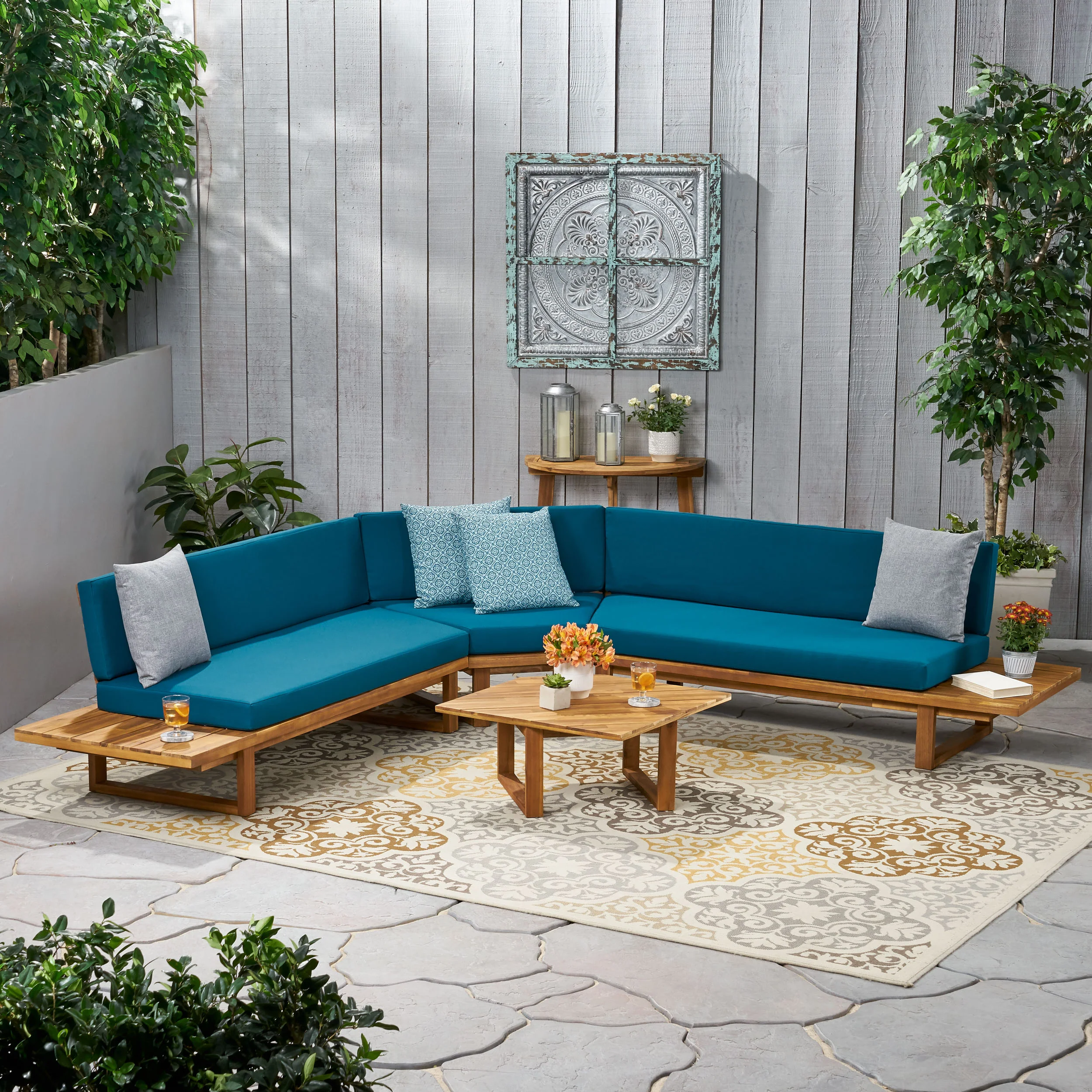 Manna Outdoor Acacia Wood 5 Seater Sectional Sofa Set with Water-Resistant Cushions - furnishings