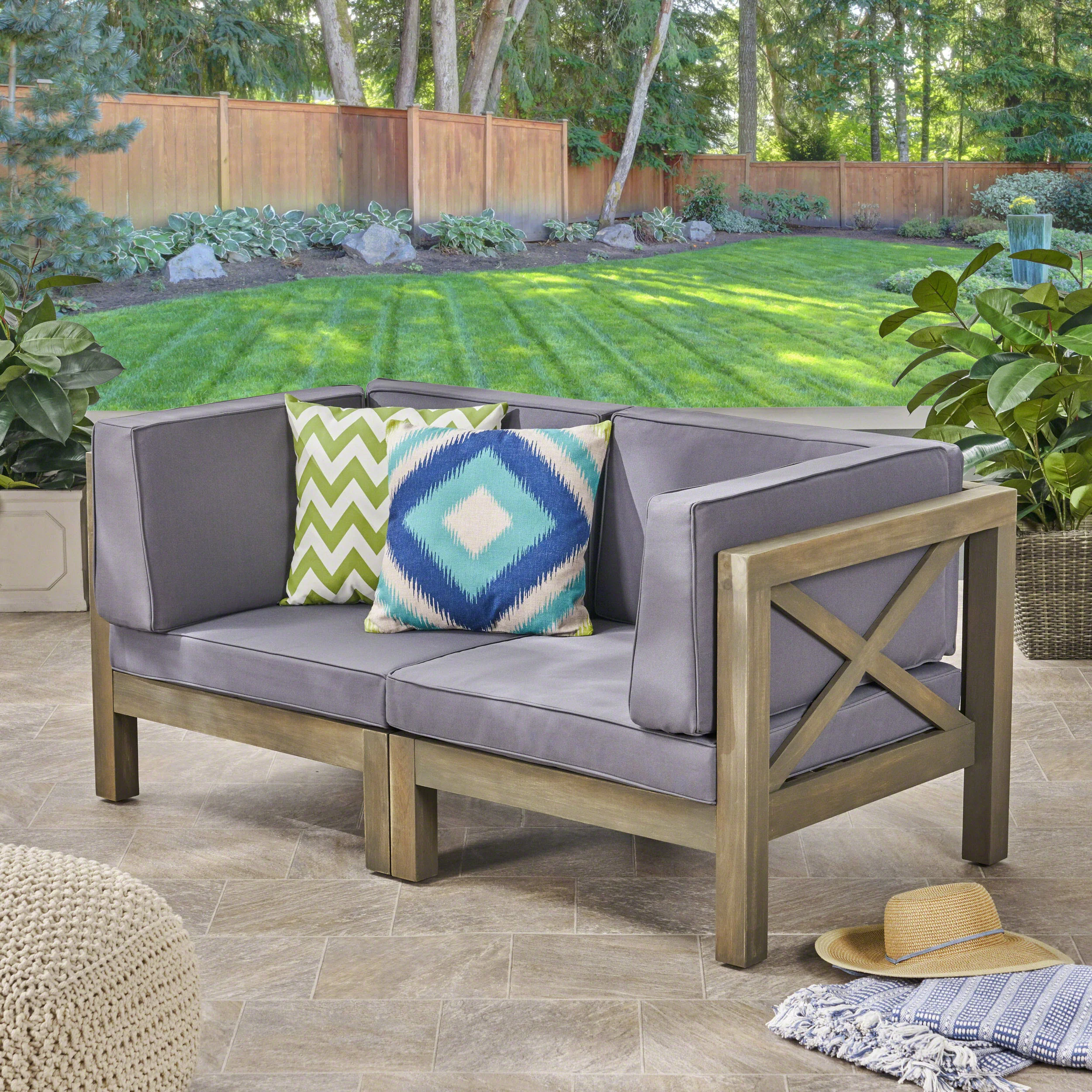 Keith Outdoor Sectional Loveseat Set  2-Seater  Acacia Wood  Water-Resistant Cushions - furnishings