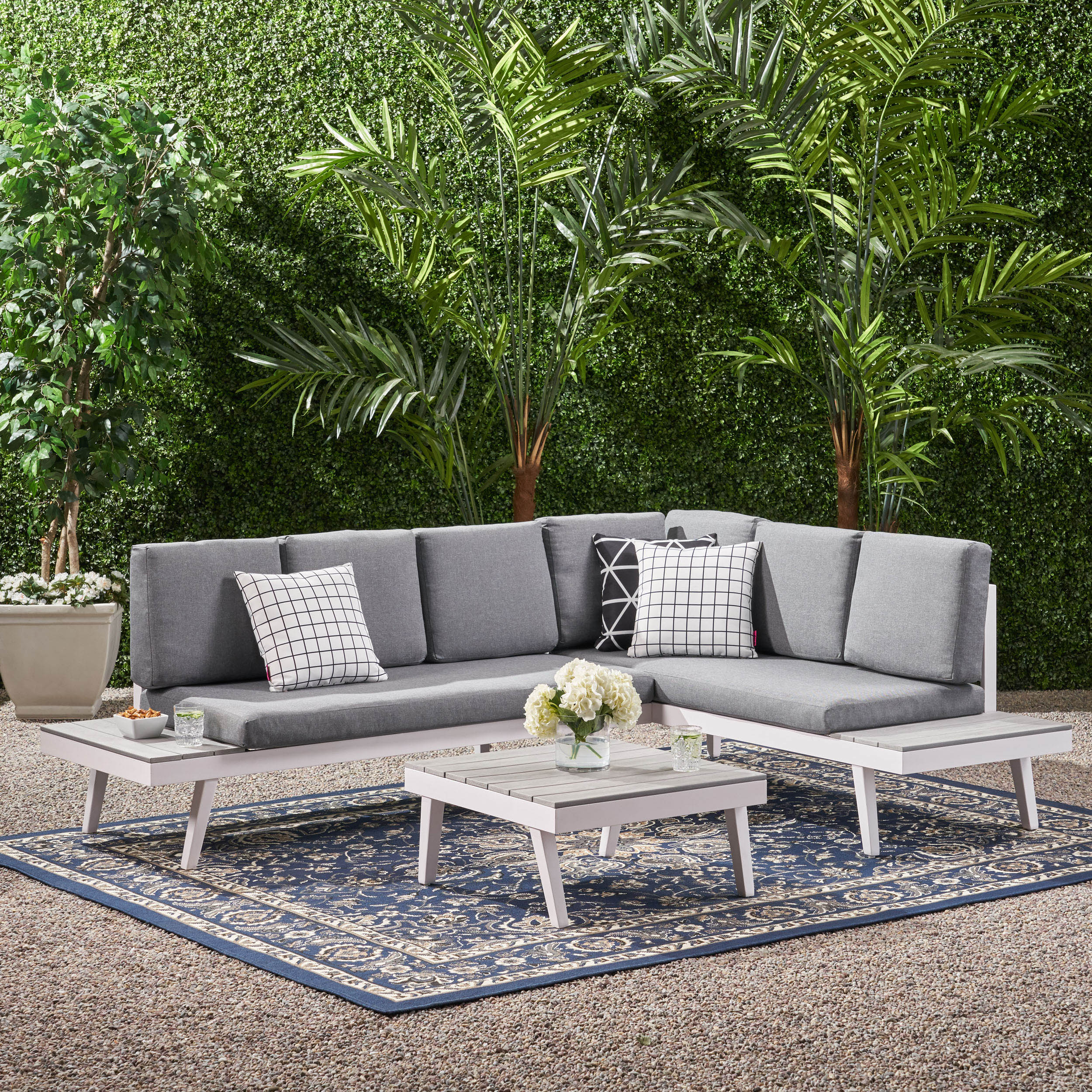 Taylor Outdoor Aluminum Sofa Sectional with Faux Wood Accents, White and Gray - furnishings