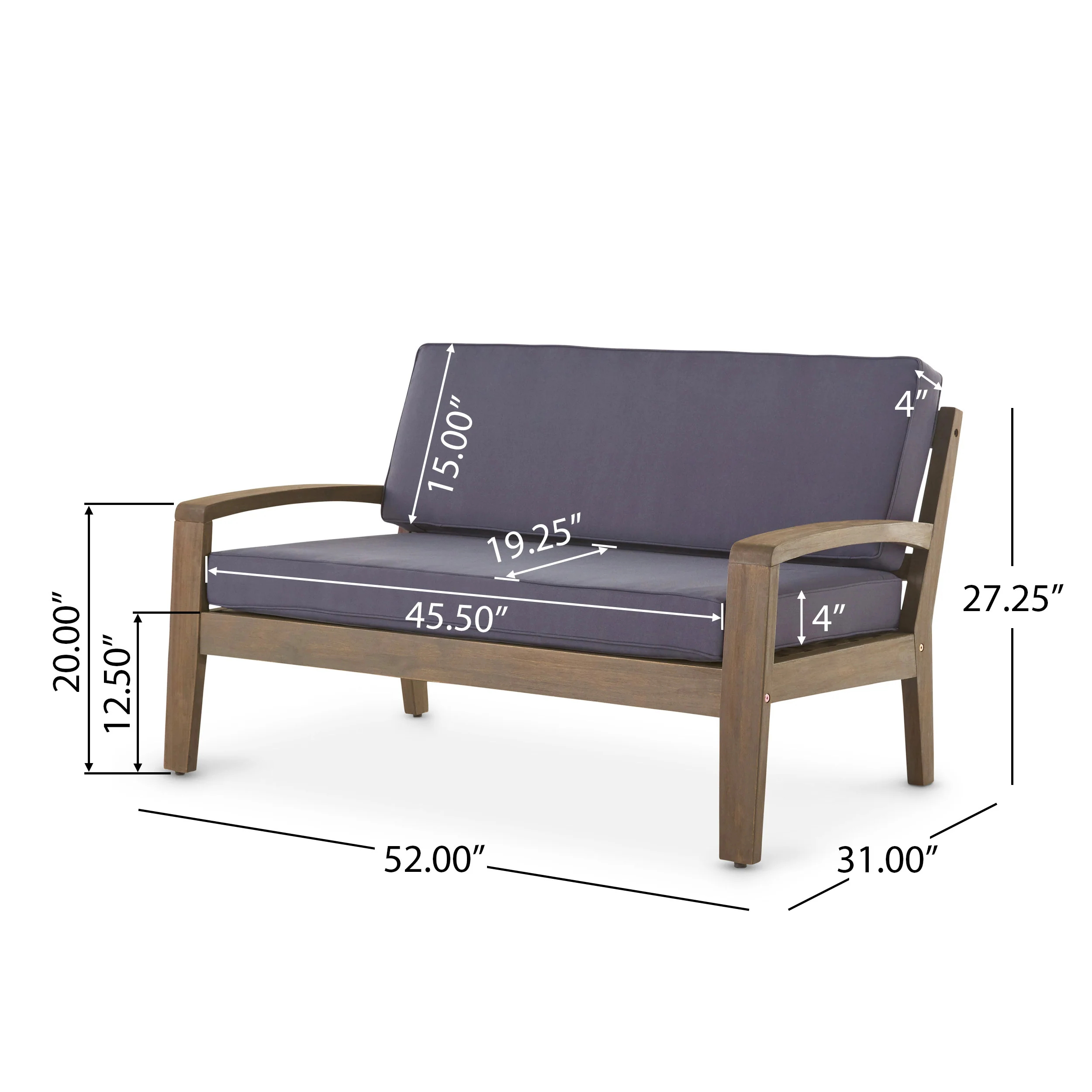 Christian Outdoor Acacia Wood Loveseat and Coffee Table Set with Cushions - furnishings