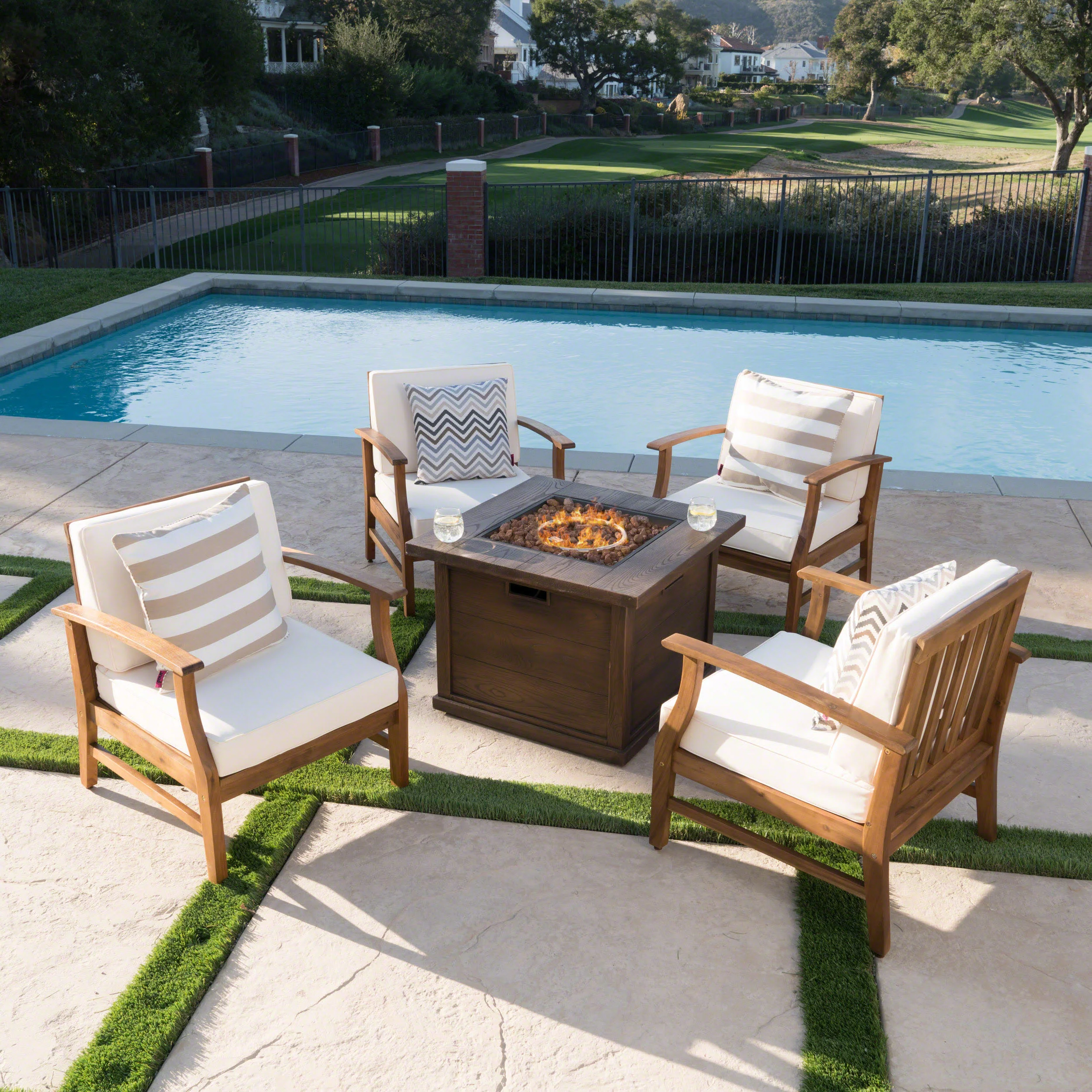 Lilith Outdoor 4 Seat Teak Finished Acacia Wood Club Chairs Fire Pit Chat Set - furnishings