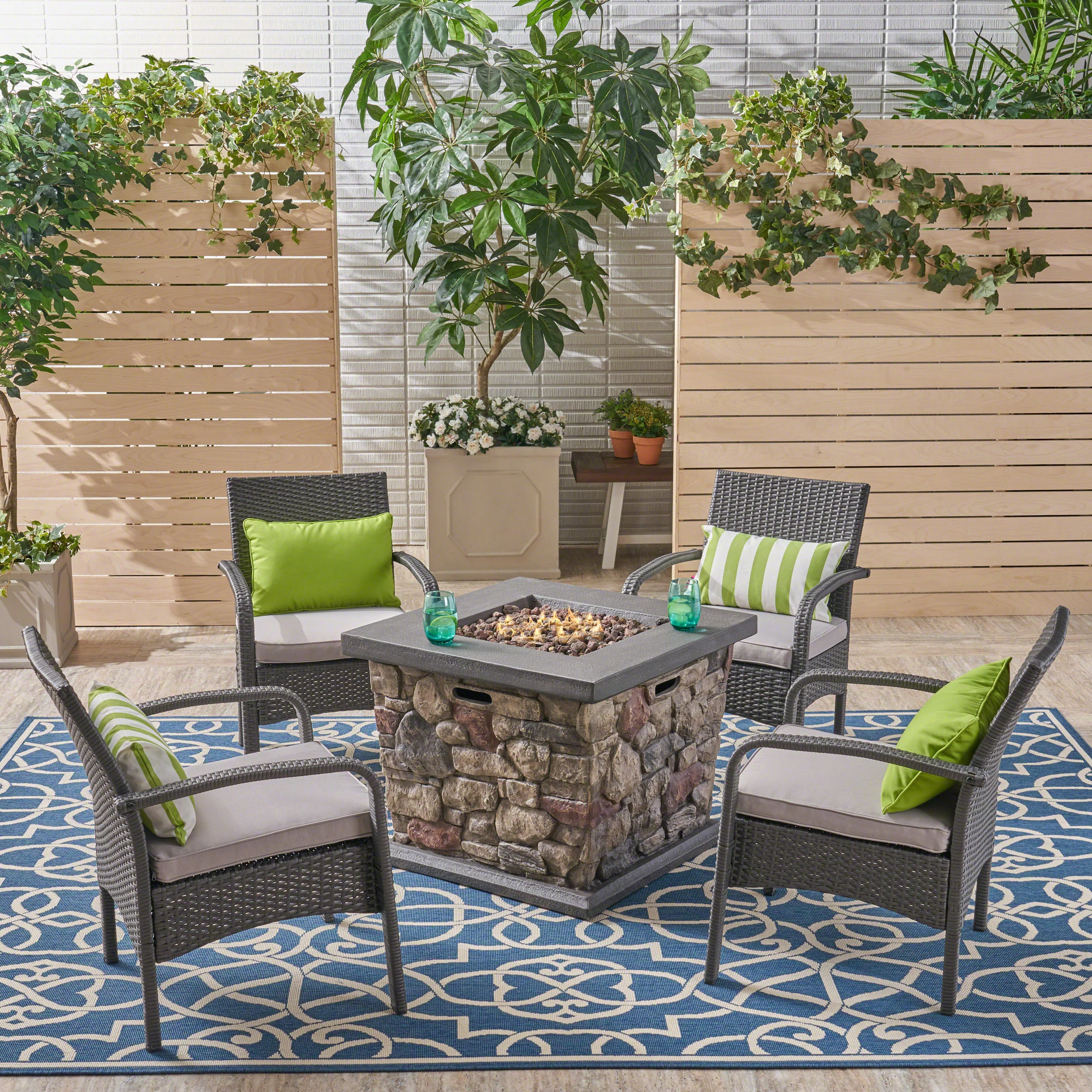 Mavis Patio Fire Pit Set, 4-Seater with Club Chairs, Wicker with Outdoor Cushions - furnishings