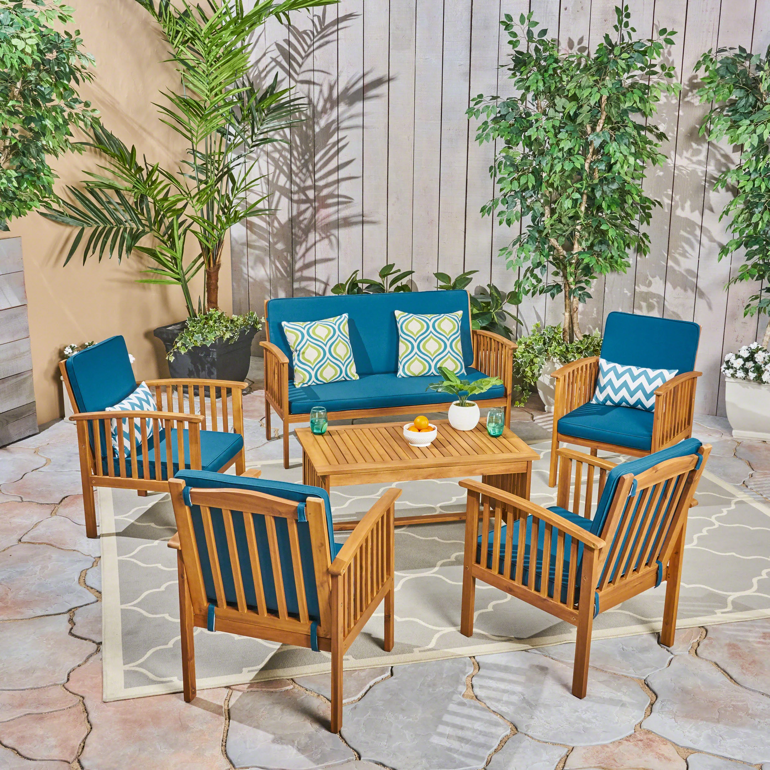 Parry Outdoor Open Slat 6-Seater Acacia Wood Conversation Set with Coffee Table - furnishings
