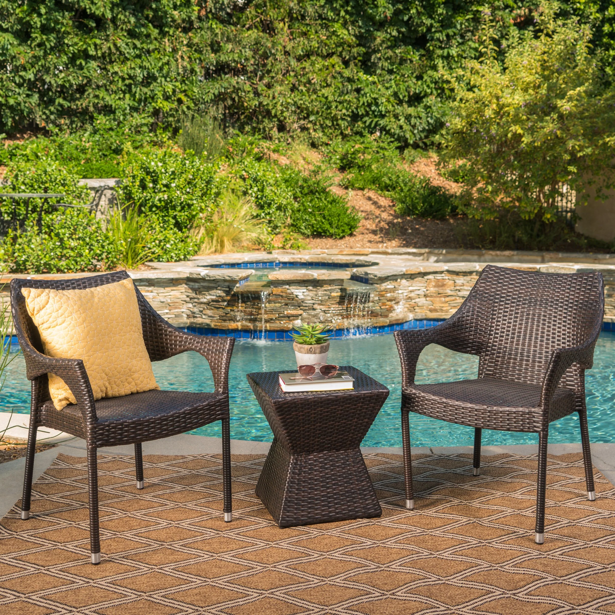 Arlost Outdoor 3 Piece Multi-Brown Wicker Chat Set with Stacking Chairs - furnishings