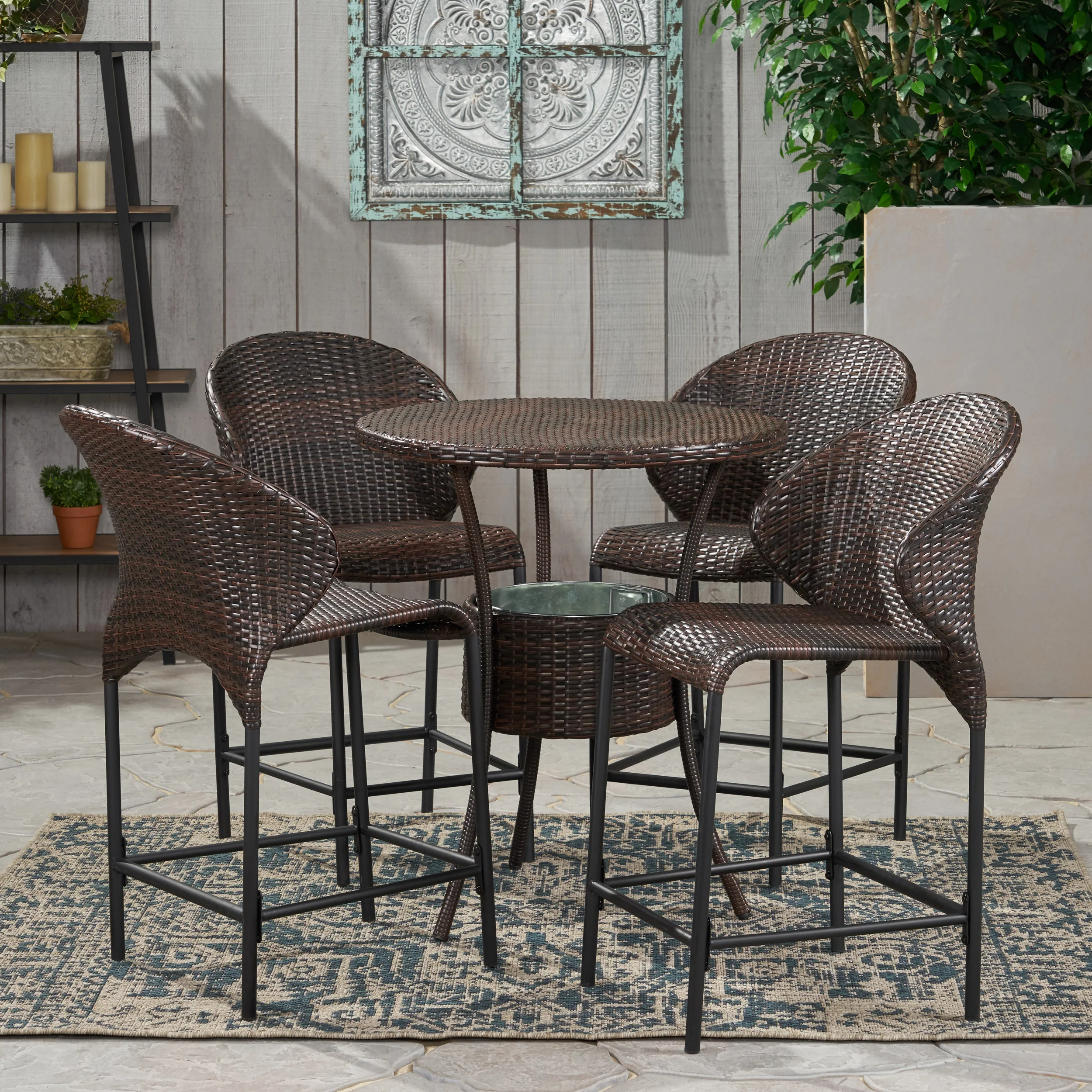 Bennett Outdoor 5-Piece Multi-Brown Wicker Bistro Bar Set with Ice Bucket - furnishings