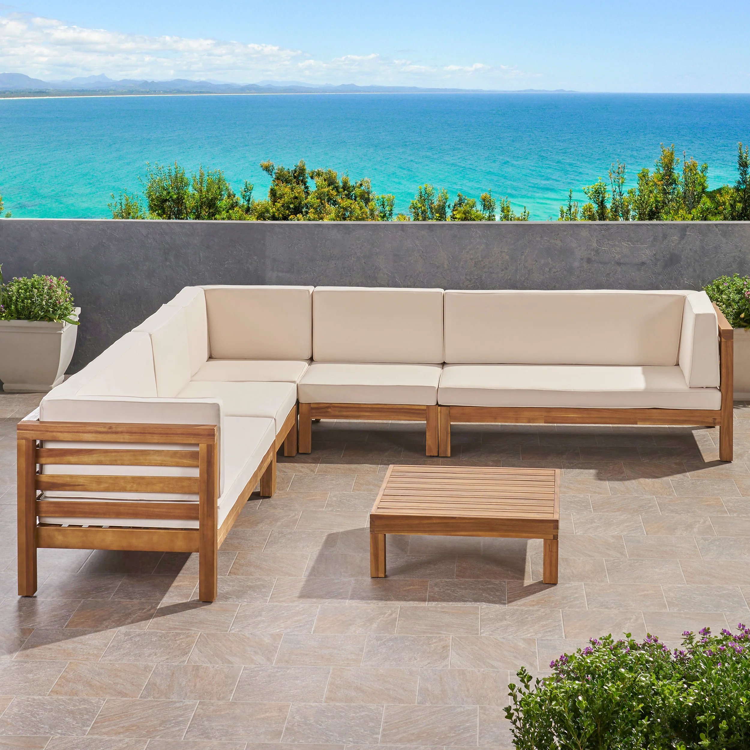 Emma Outdoor 7 Seater Acacia Wood Sectional Sofa Set - furnishings