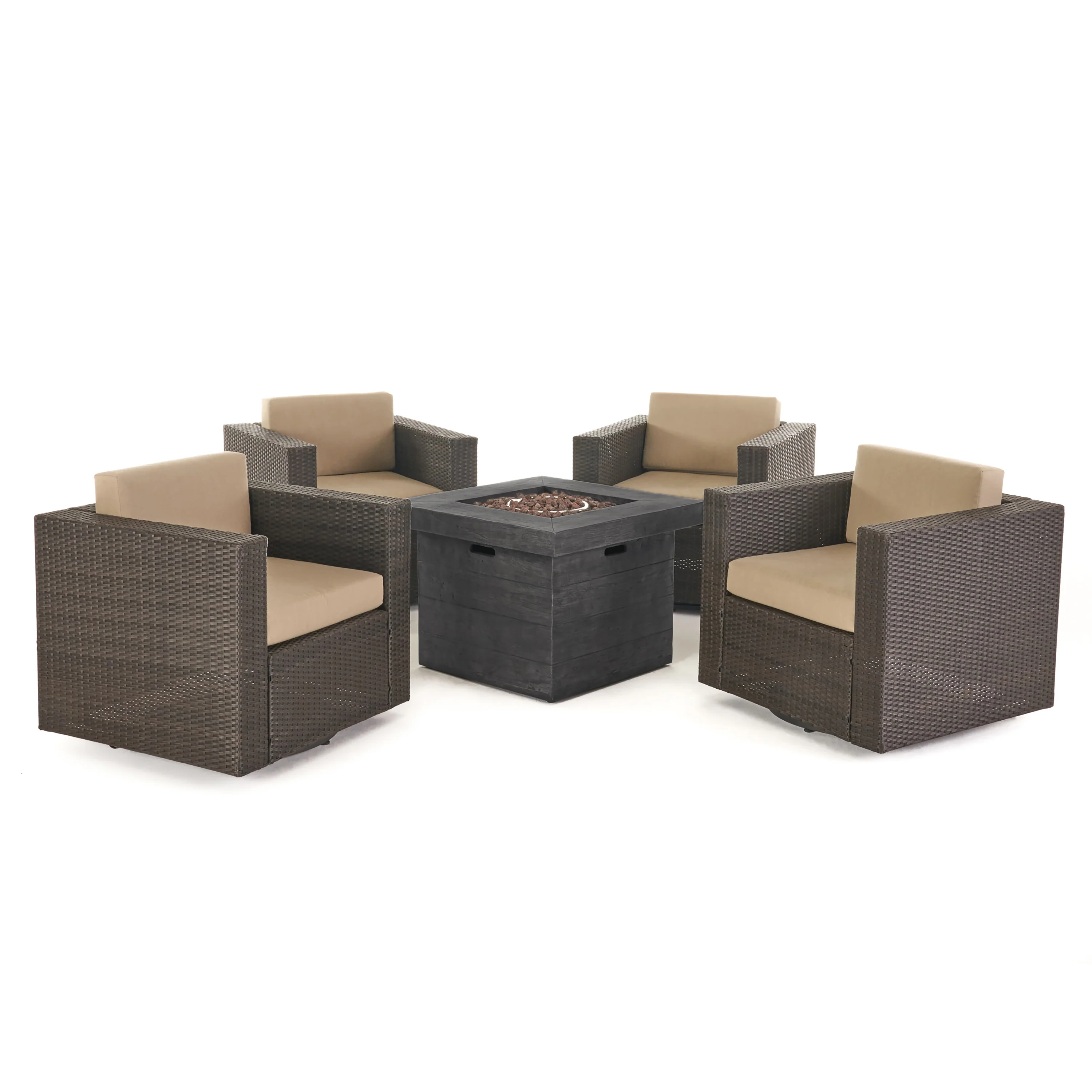 Venice Outdoor 5 Piece Chat Set with Dark Brown Chairs with Fire Pit - furnishings