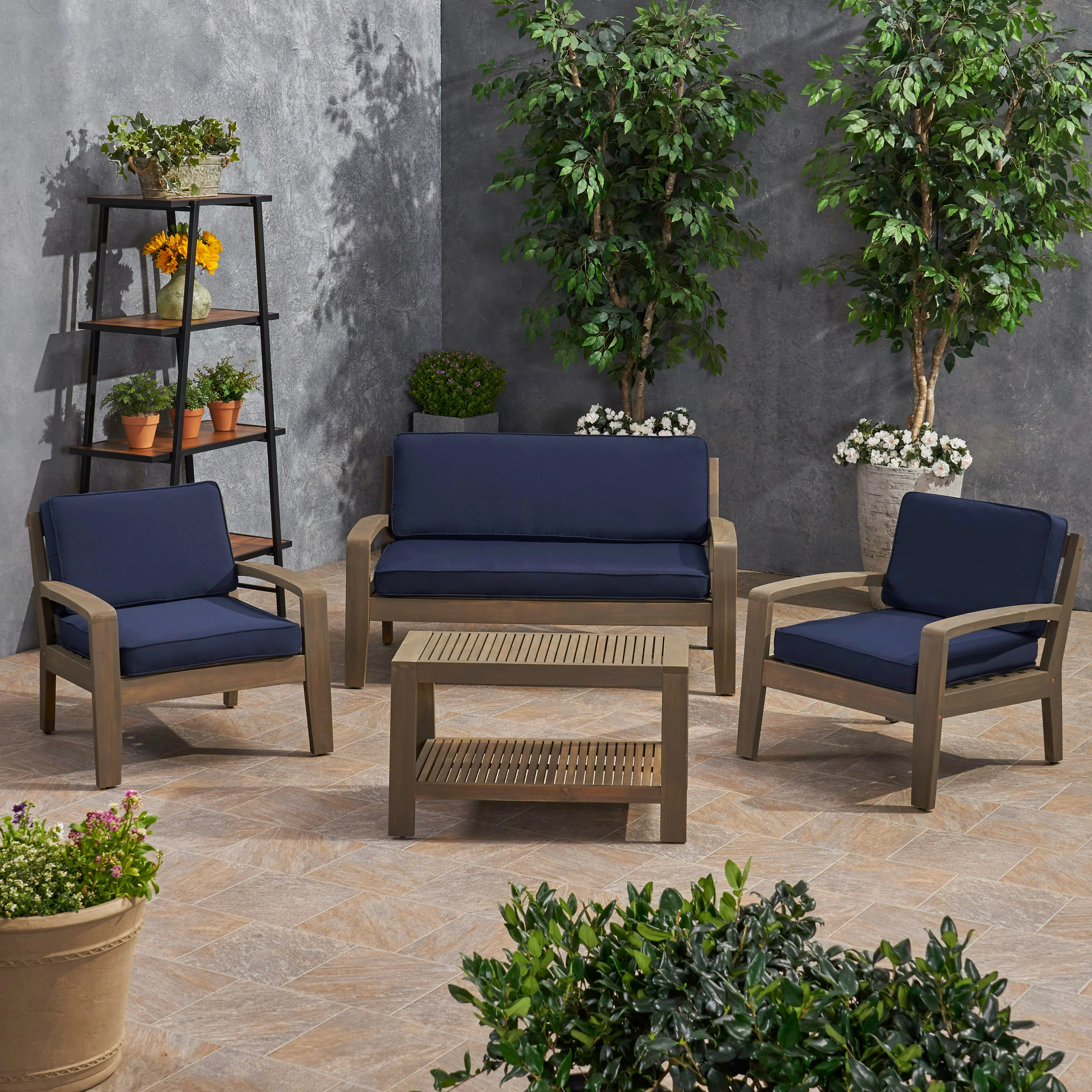 Parma Patio Acacia Wood 4-Seater Conversation Set with Coffee Table and Sunbrella Cushions - furnishings