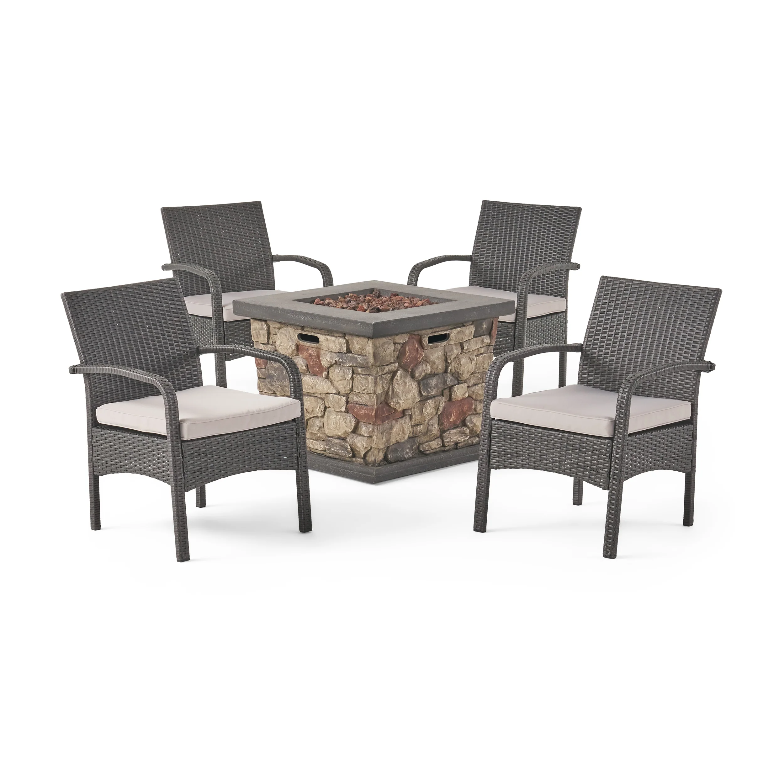 Mavis Patio Fire Pit Set, 4-Seater with Club Chairs, Wicker with Outdoor Cushions - furnishings