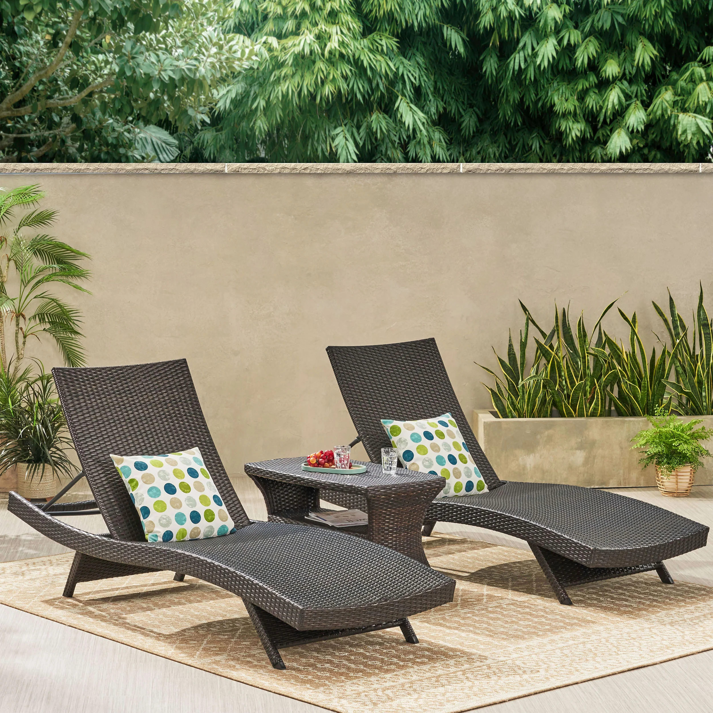Lakeport Outdoor 3 Piece Mutlibrown Wicker Chaise Lounge Set with Table - furnishings