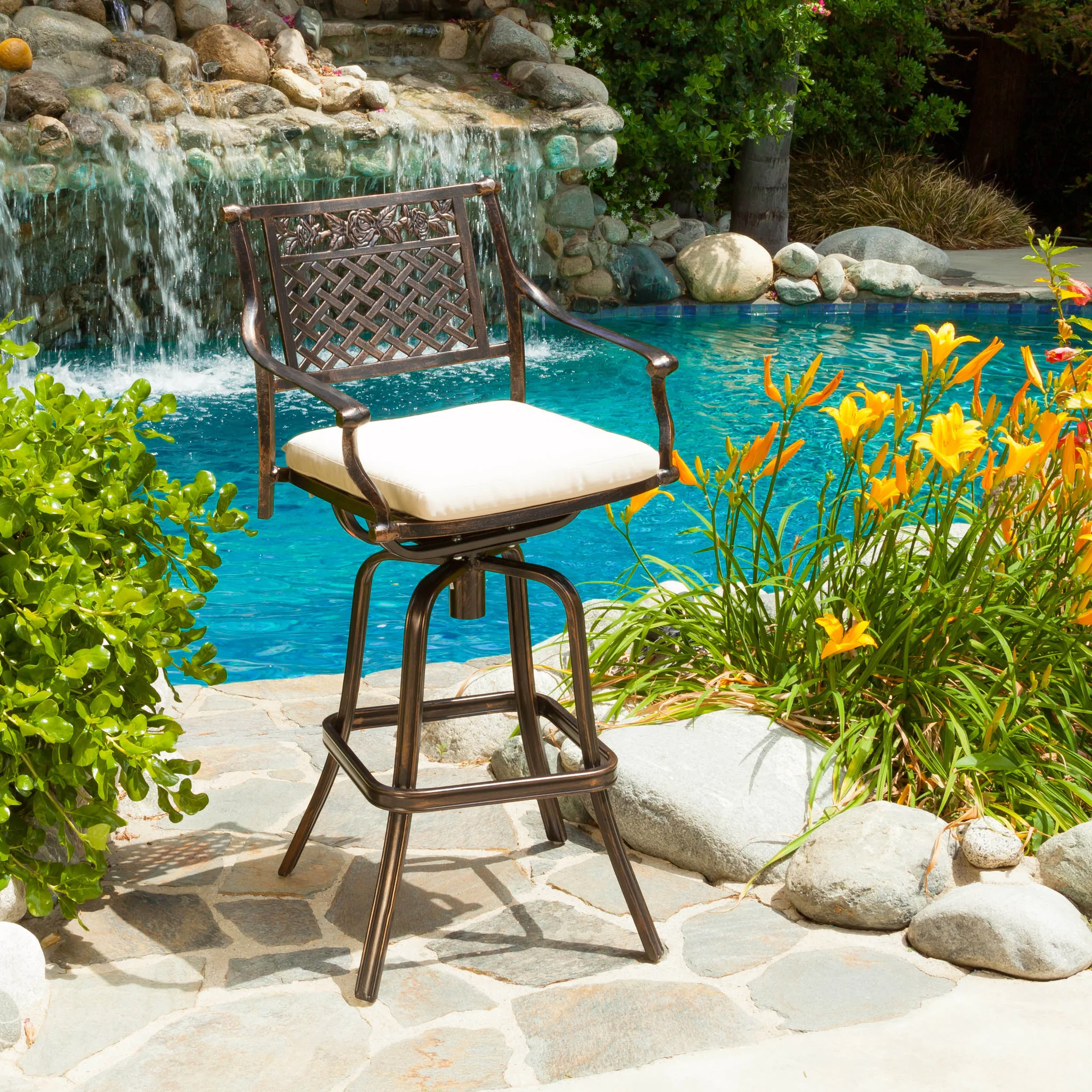 Sierra 30-Inch Outdoor Cast Aluminum Swivel Bar Stool w/ Cushion - furnishings