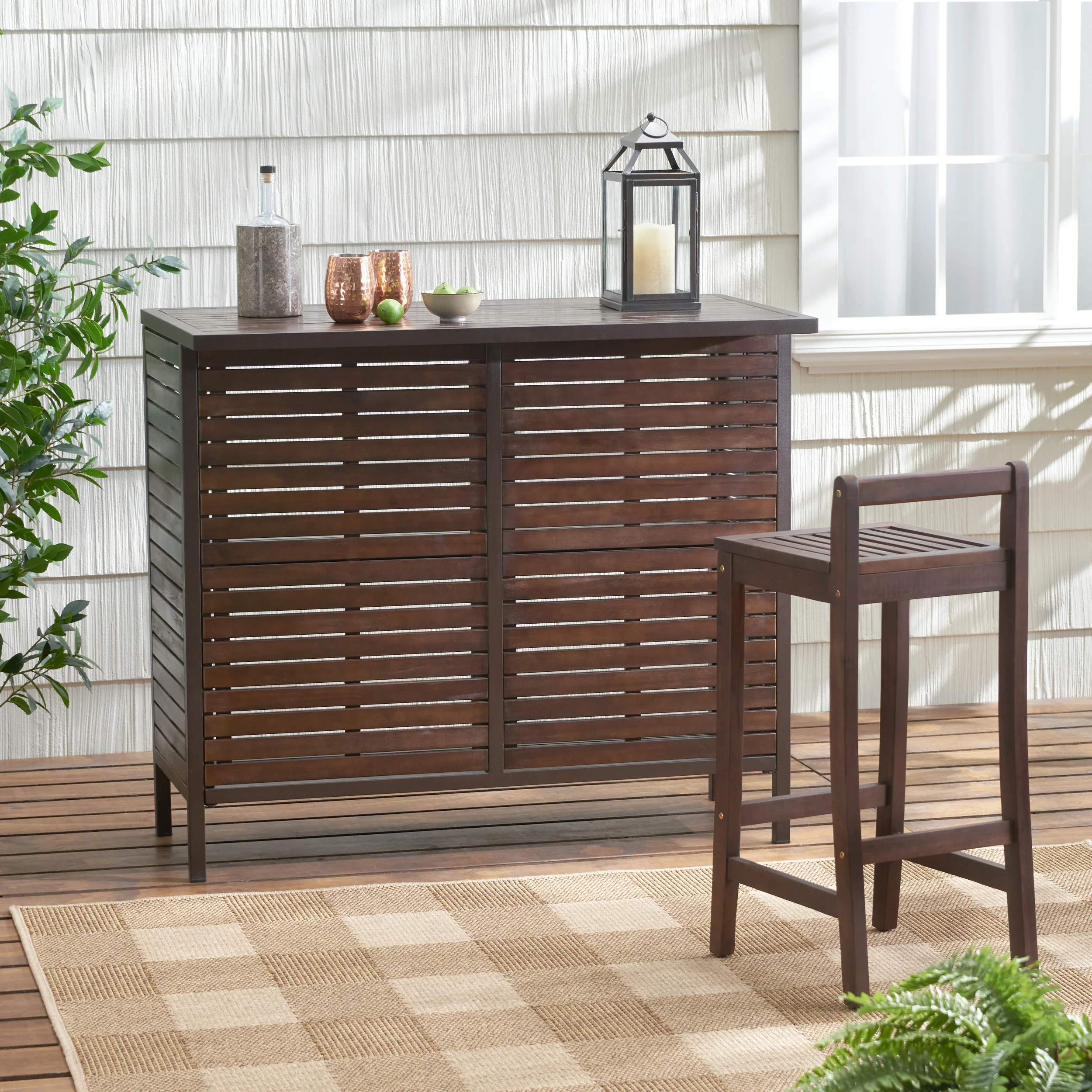Isabel Dark Brown Acacia Wood & Rustic Metal Outdoor Bar Table - furnishings