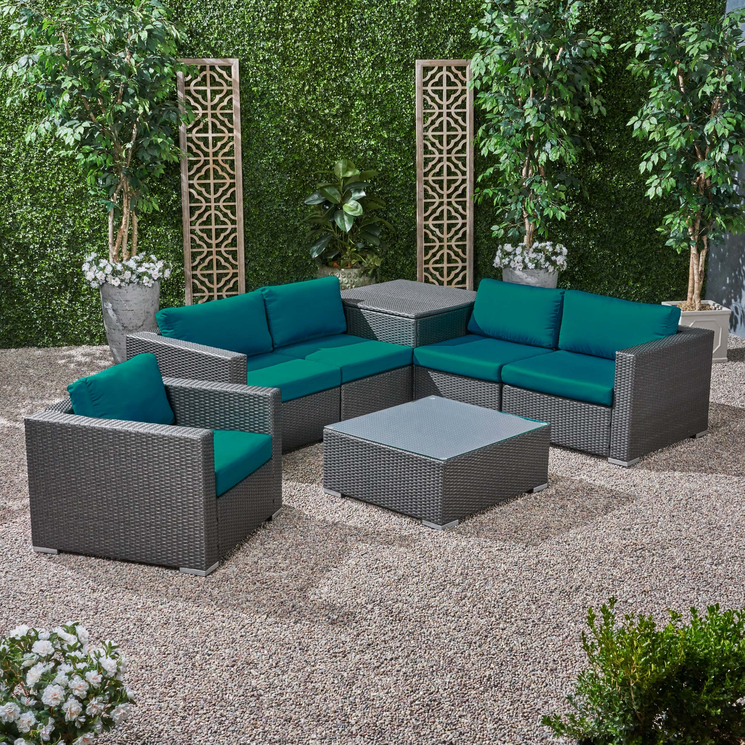 Kyra Outdoor 5 Seater Wicker Sectional Sofa Set with Storage Ottoman and Sunbrella Cushions - furnishings