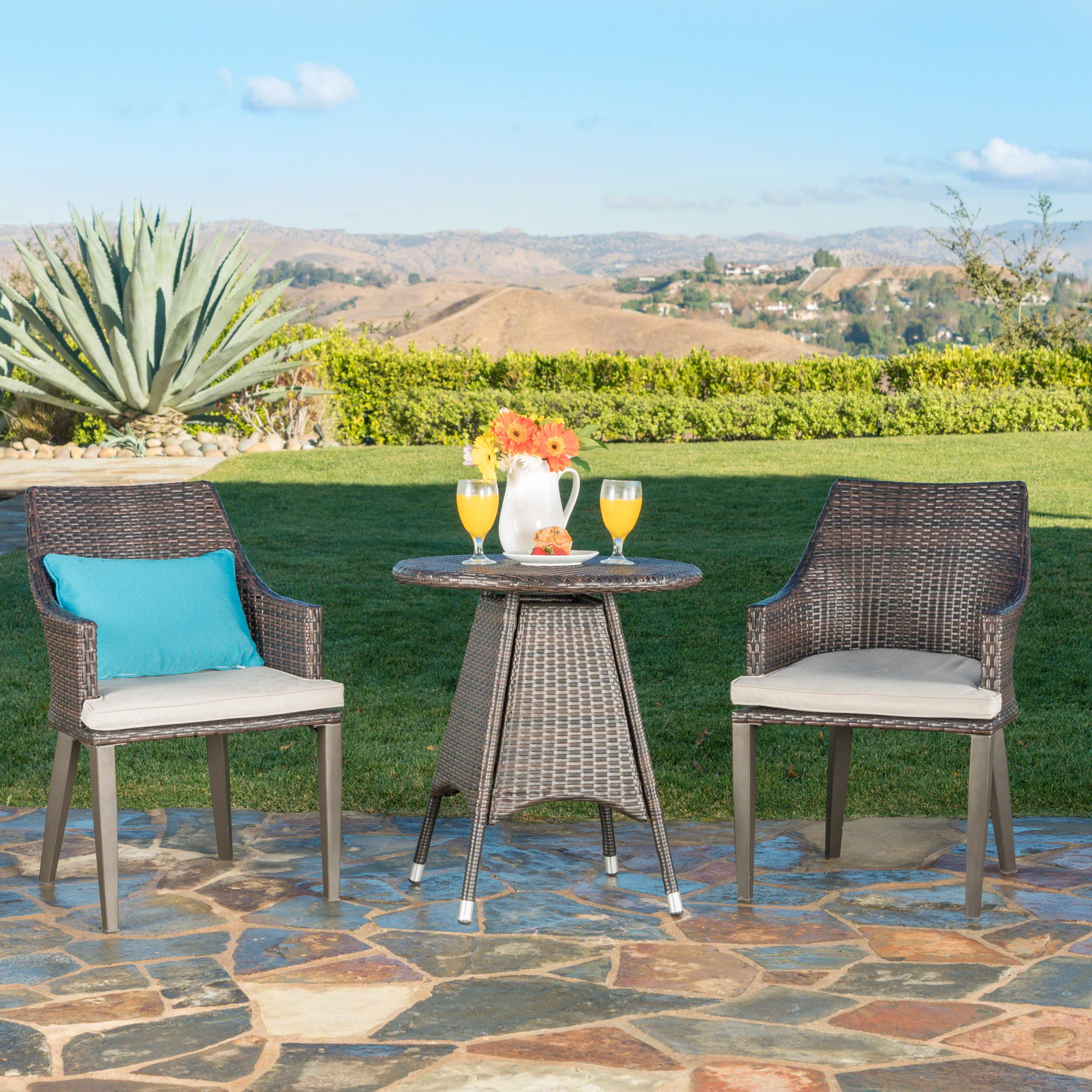 Hennry Outdoor 3 Piece Multibrown Wicker Round Bistro Set - furnishings