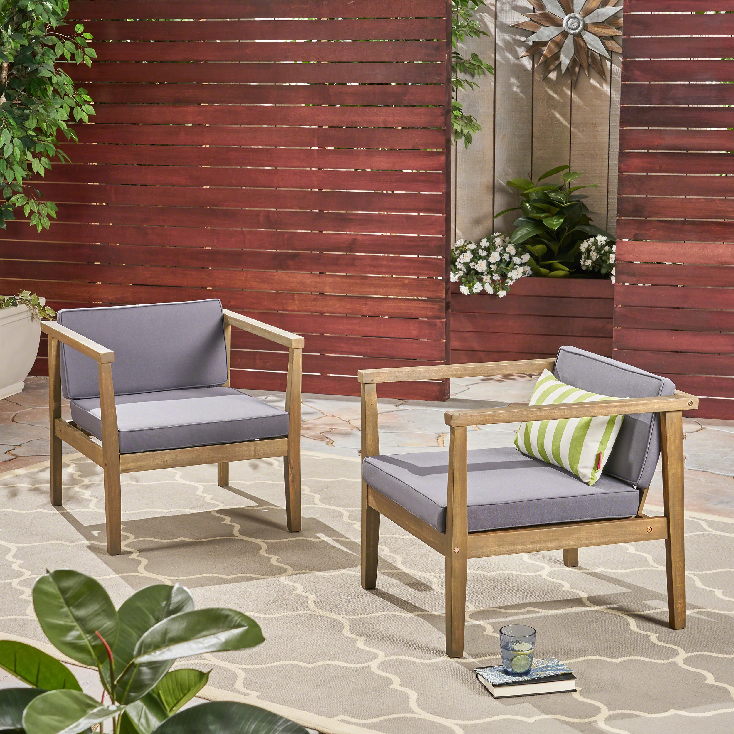 Thomson Outdoor Acacia Wood Club Chairs with Water-Resistant Cushions (Set of 2) - furnishings