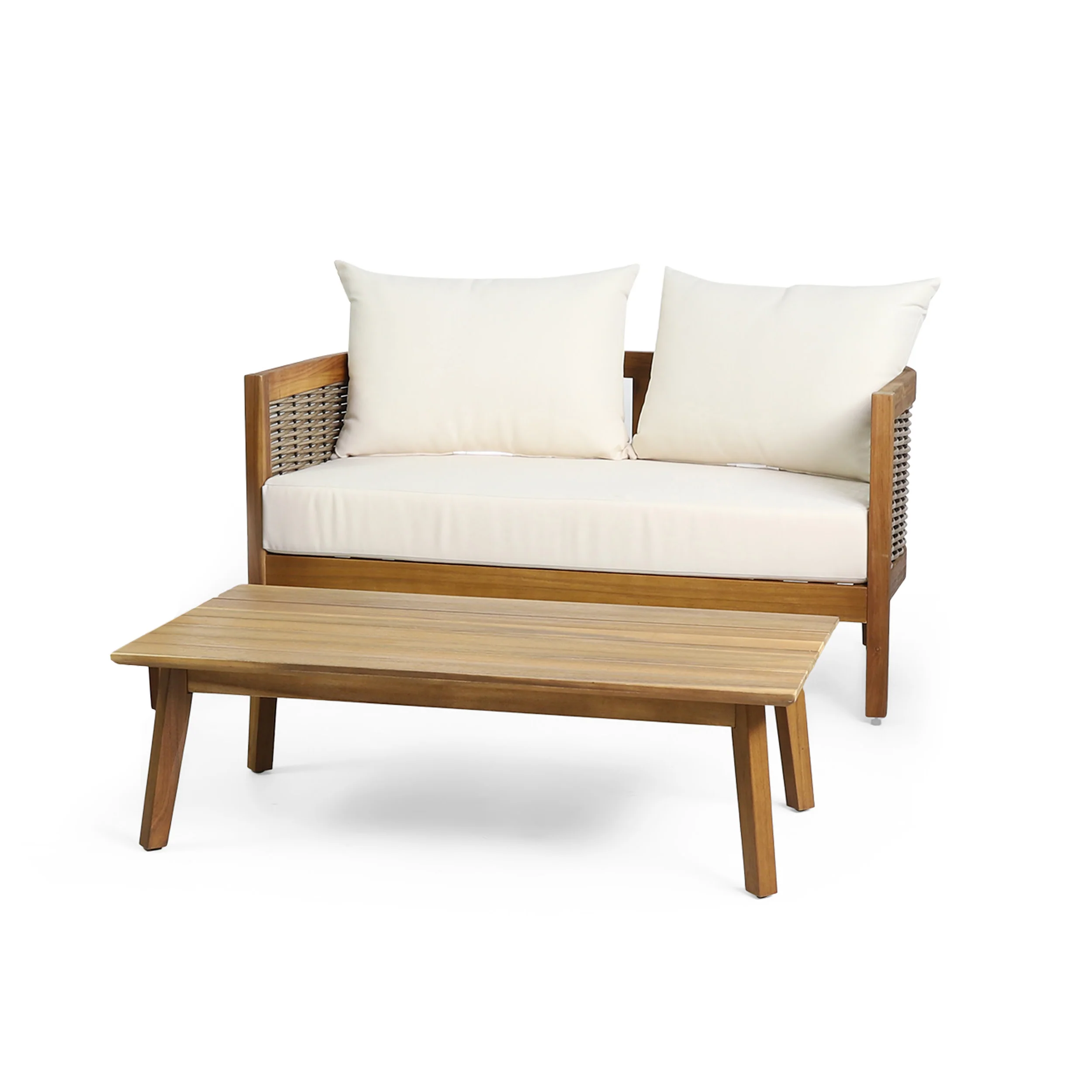 The Crowne Collection Outdoor Acacia Wood and Wicker Loveseat and Coffee Table Set with Cushions - furnishings