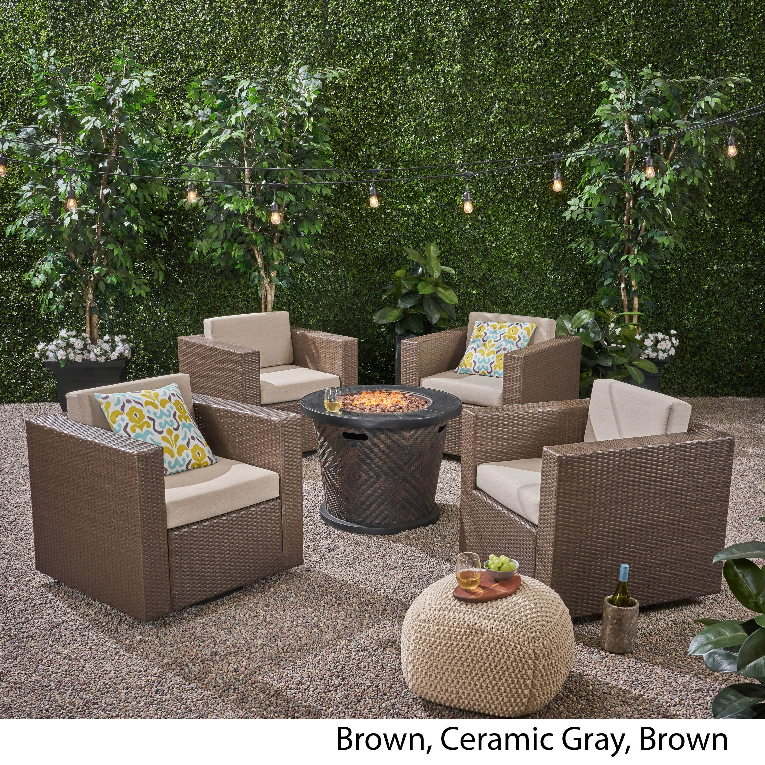 Liyam Outdoor 4 Piece Wicker Swivel Chair Set with Fire Pit, Brown and Brown - furnishings