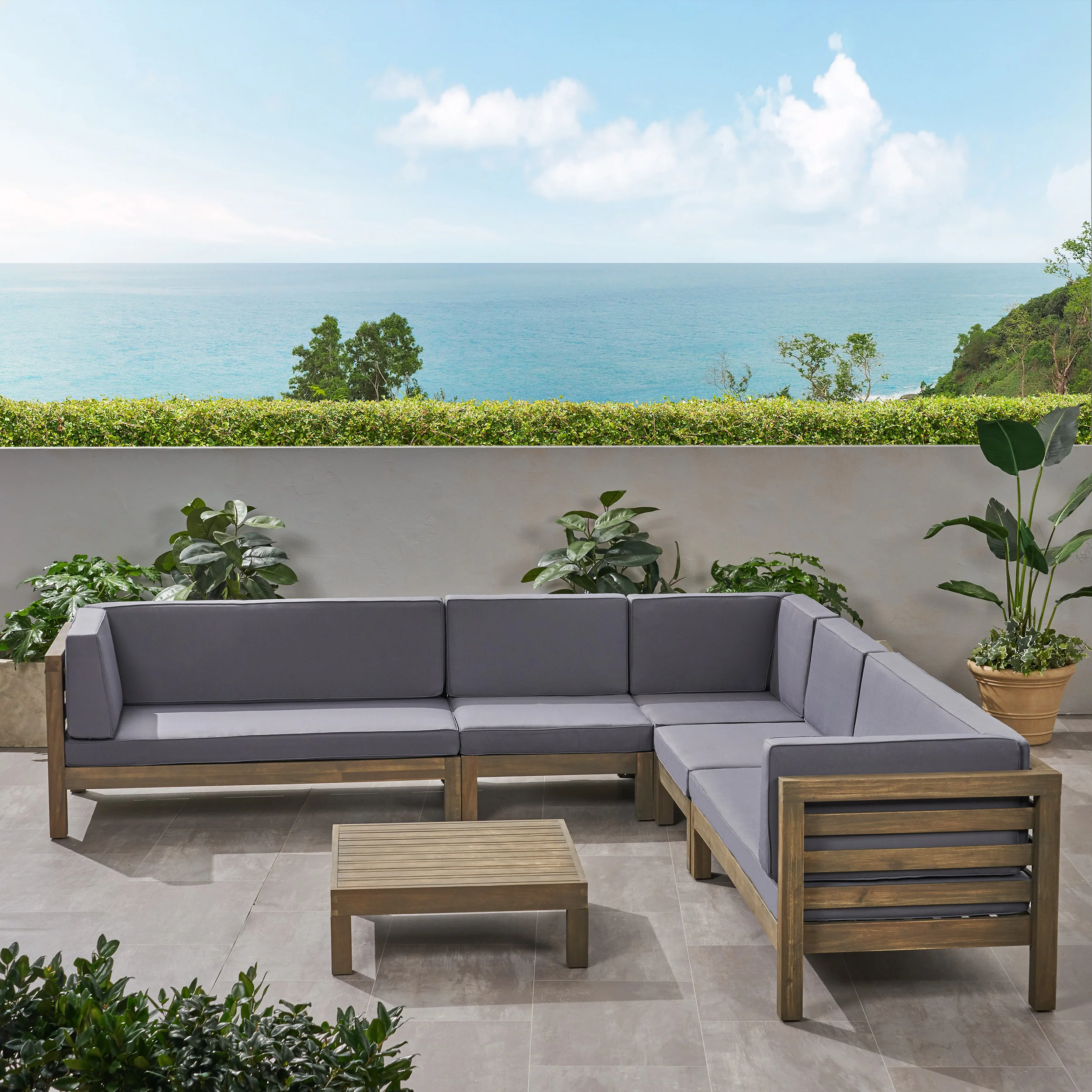 Emma Outdoor 7 Seater Acacia Wood Sectional Sofa Set - furnishings