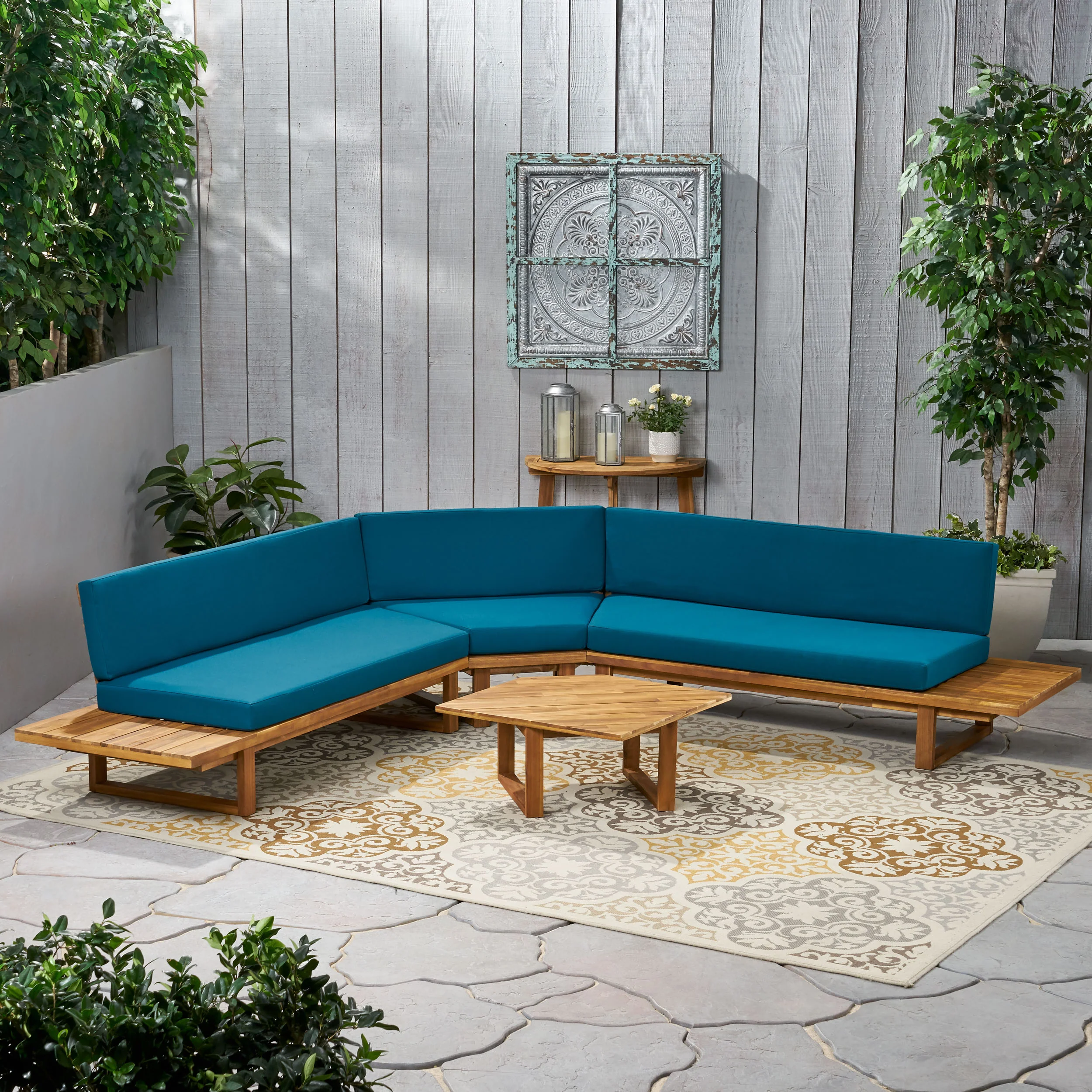Manna Outdoor Acacia Wood 5 Seater Sectional Sofa Set with Water-Resistant Cushions - furnishings