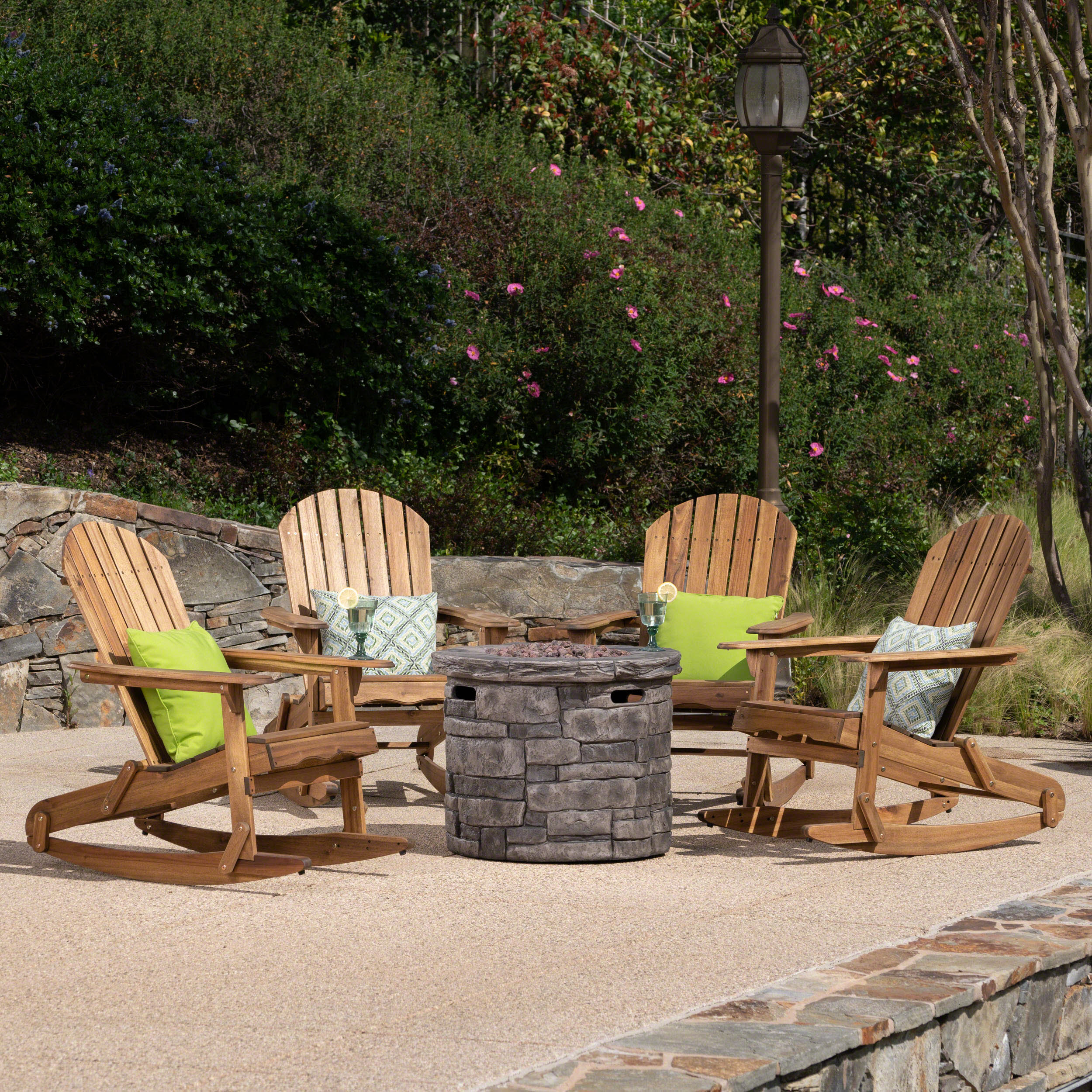 Belfast Outdoor Acacia Wood 5 Piece Adirondack Rocking Chair and Fire Pit Set - furnishings