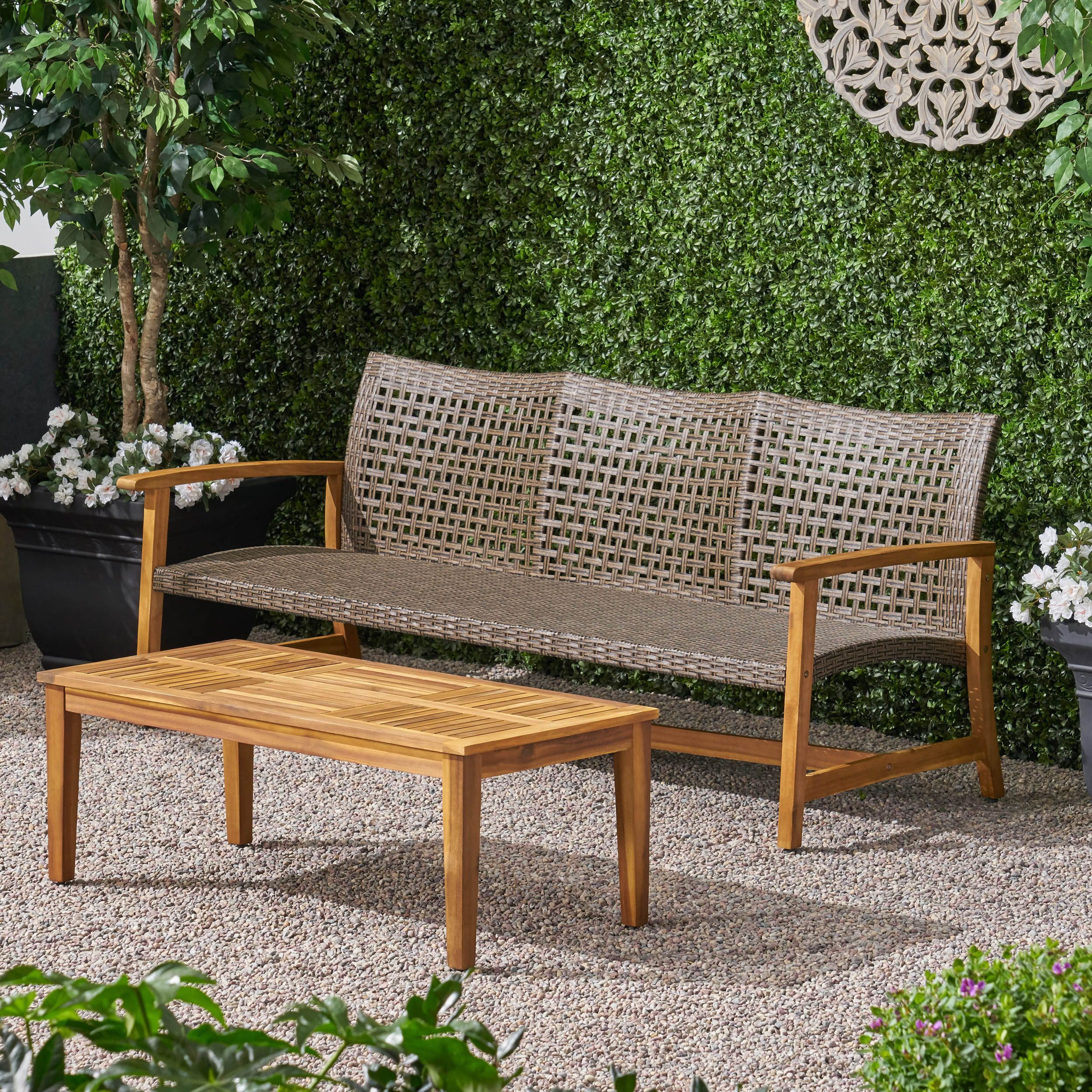 Beacher Belloc Outdoor Wood and Wicker Sofa and Coffee Table Set - furnishings