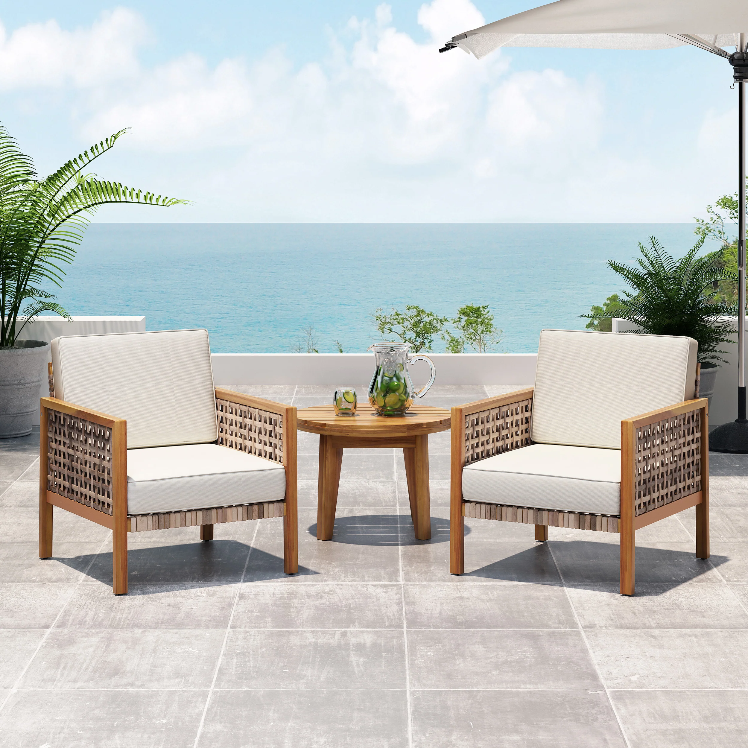 Maycen Outdoor Acacia Wood Club Chair with Wicker Accents (Set of 2) - furnishings
