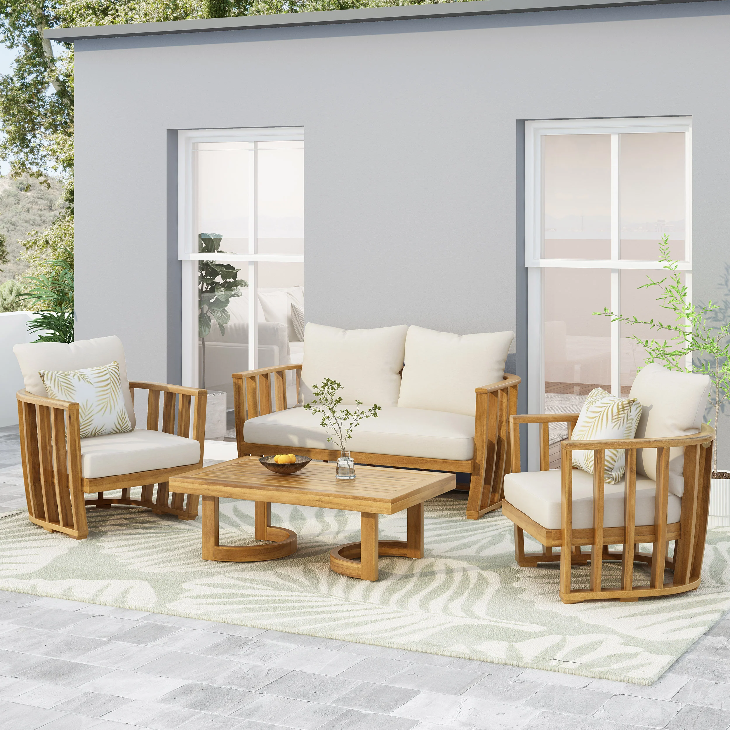 Wallowa Outdoor Acacia Wood 4 Seater Chat Set with Cushions - furnishings