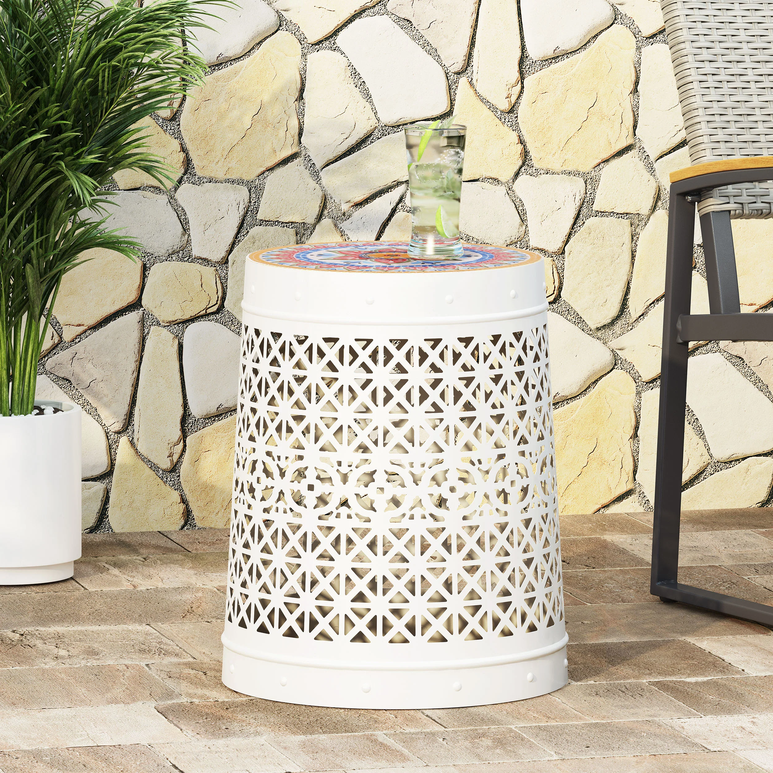 Khalief Outdoor Lace Cut Side Table with Tile Top - furnishings