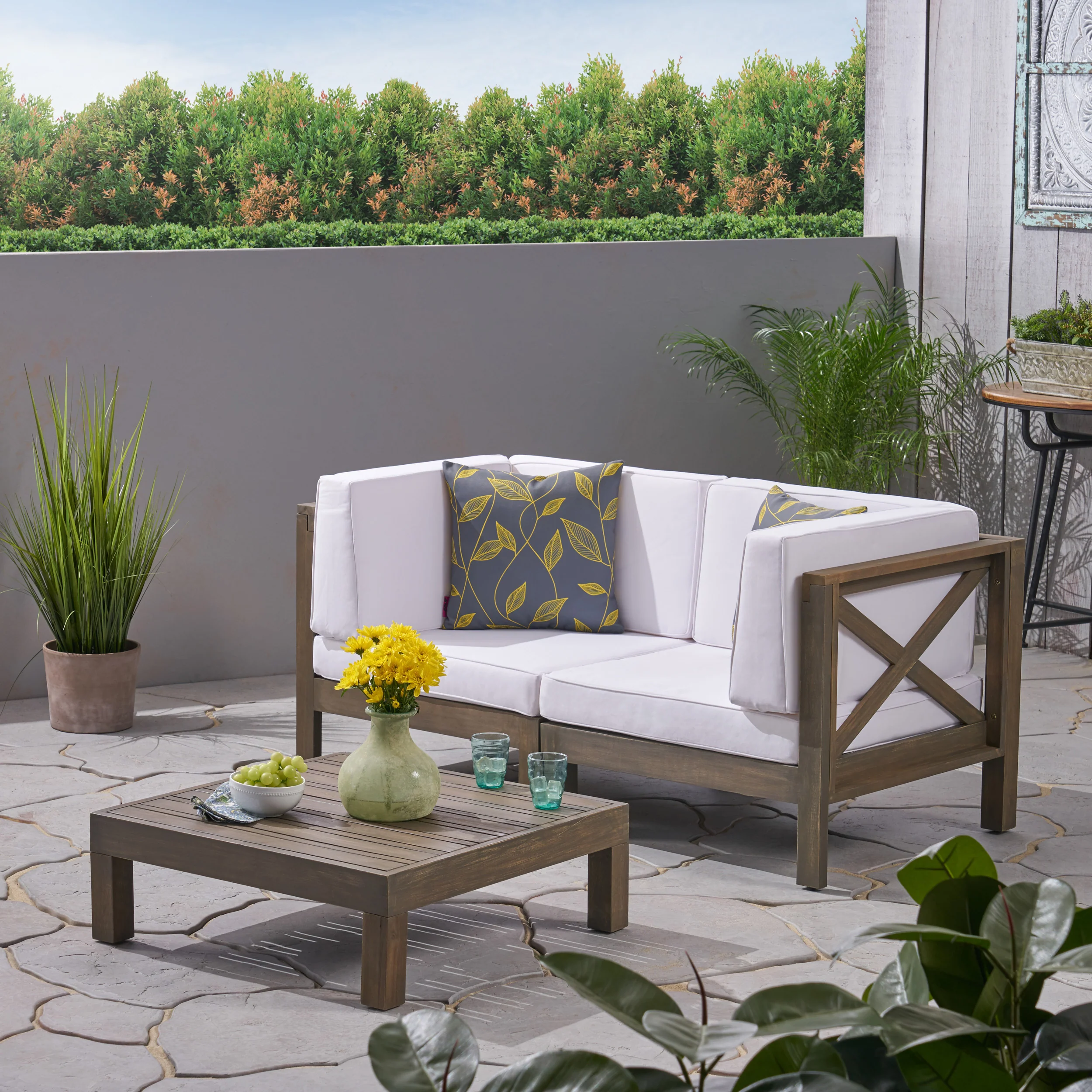 Keith Outdoor Sectional Loveseat Set with Coffee Table  2-Seater  Acacia Wood  Water-Resistant Cushions - furnishings
