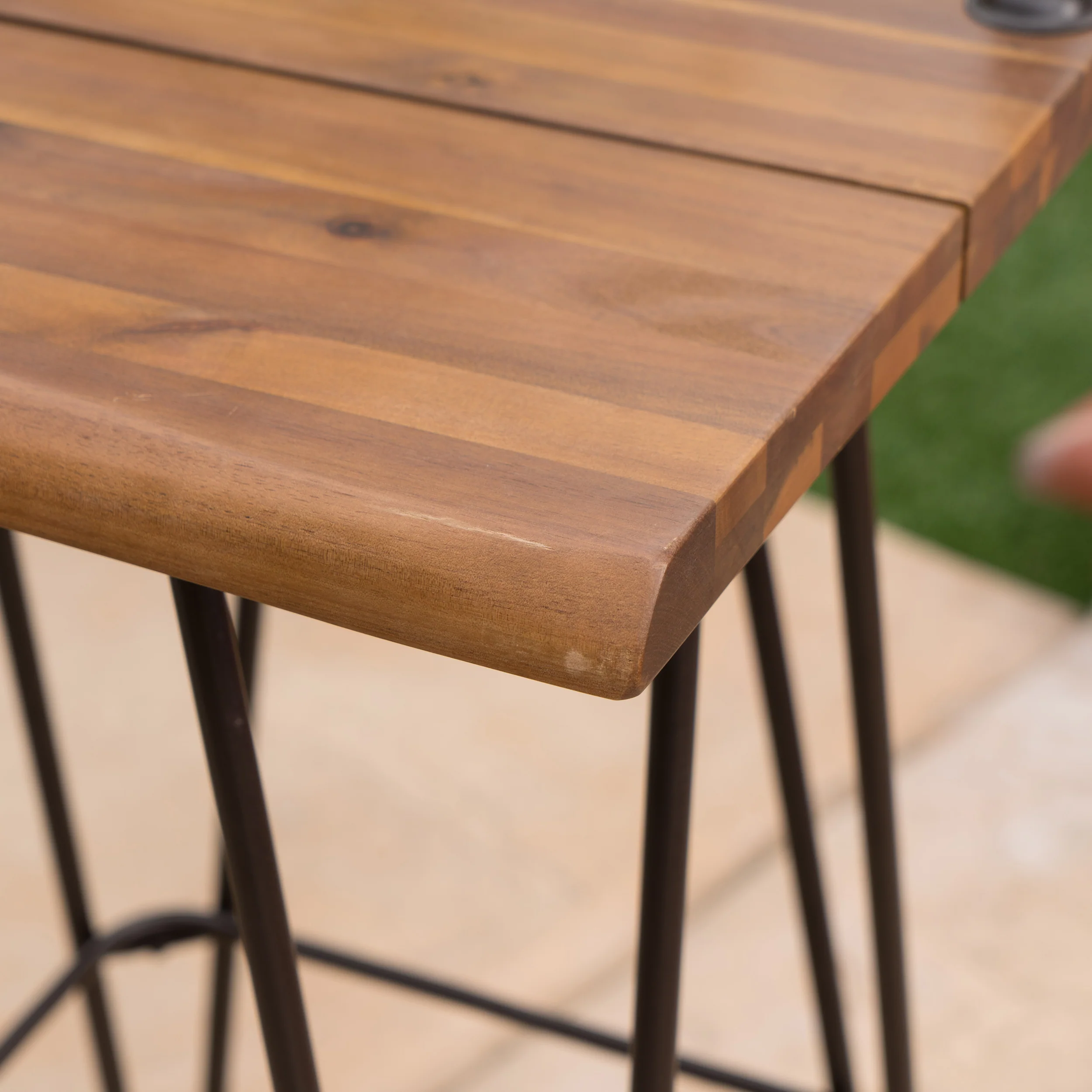 Leonardo Outdoor Industrial Teak Finished Acacia Wood Barstools with Iron Frame - furnishings