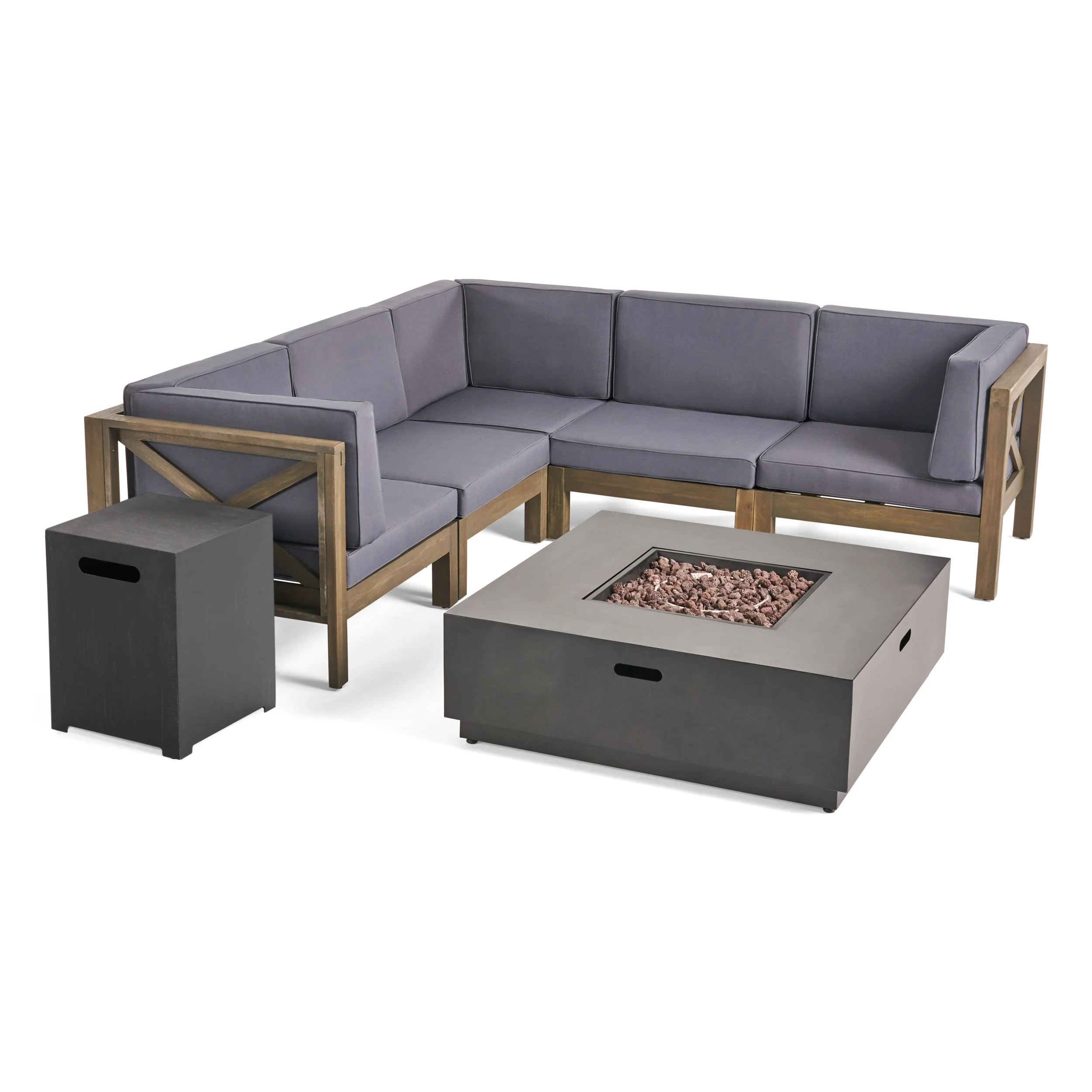 Gina Outdoor Acacia Wood 5 Seater Sectional Sofa Set with Fire Pit - furnishings