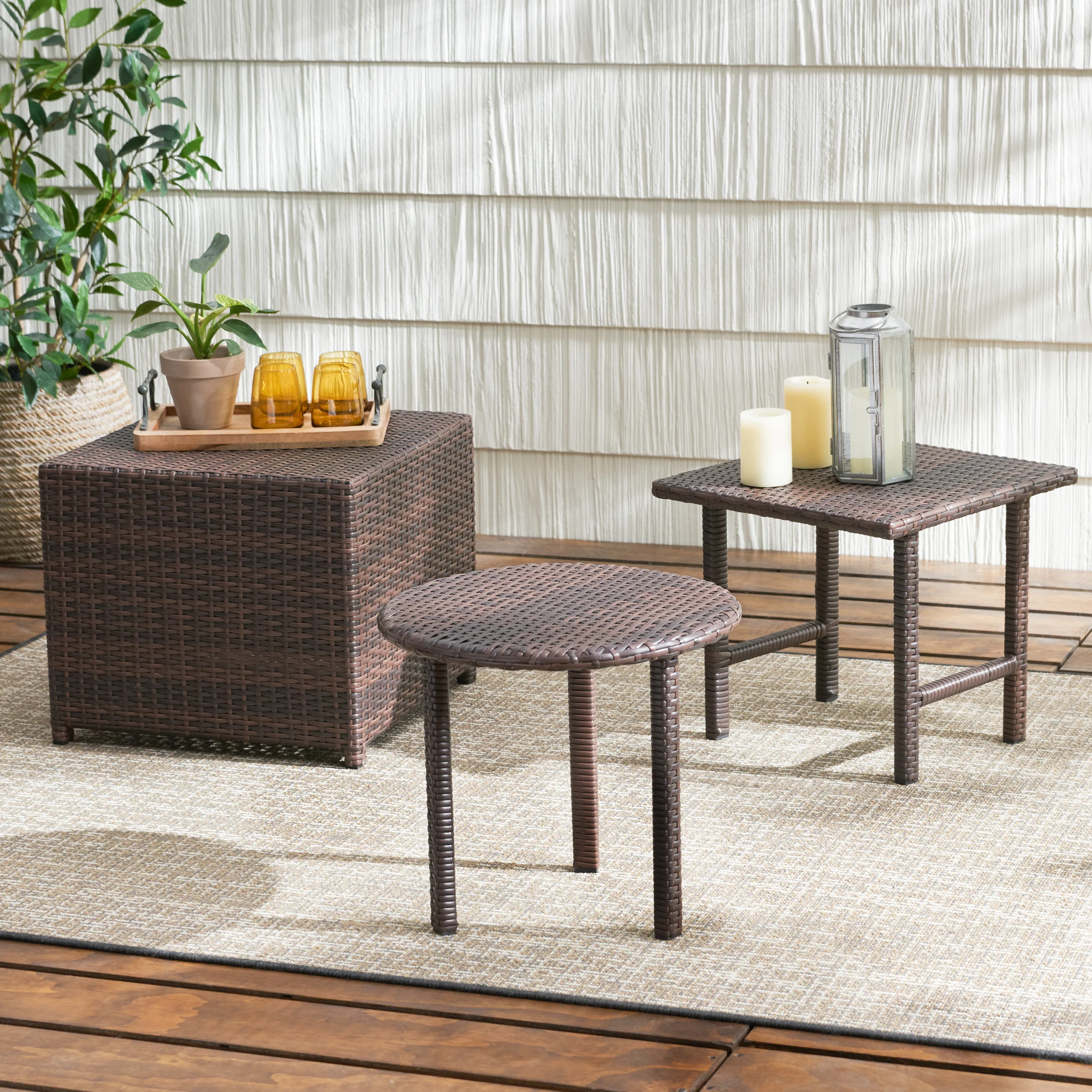 Lakeport Outdoor 3pc Brown Wicker Side Table Set - furnishings