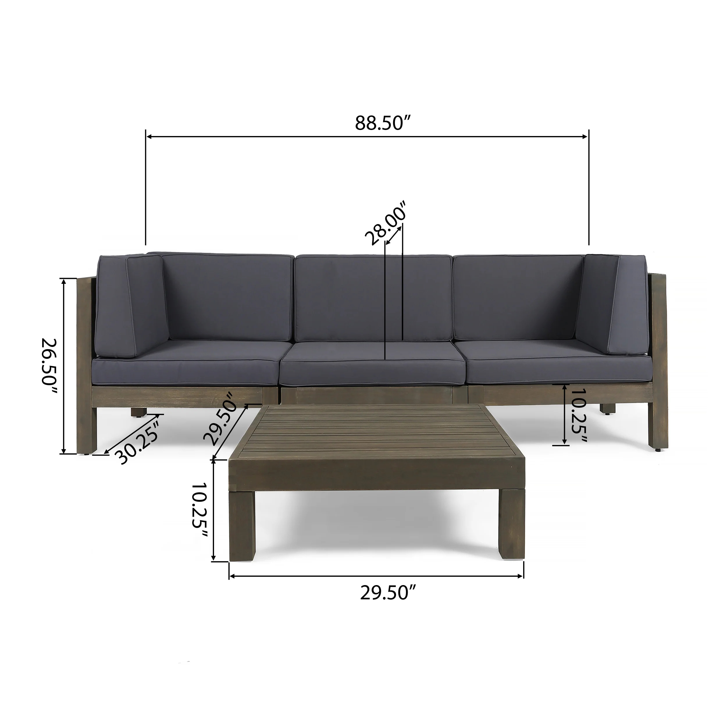 Keith Outdoor Sectional Sofa Set with Coffee Table  3-Seater  Acacia Wood  Water-Resistant Cushions - furnishings