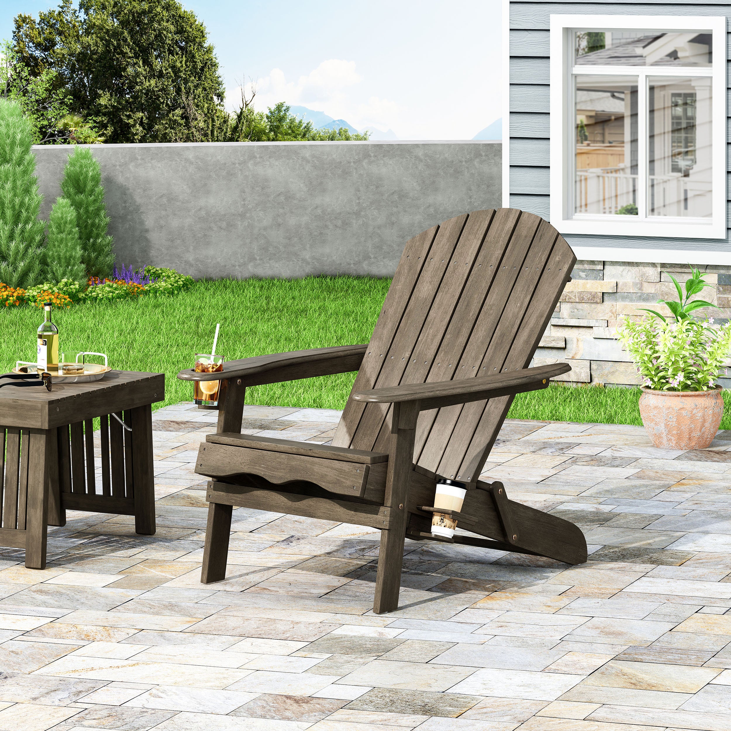 Kandyce Outdoor Acacia Wood Folding Adirondack Chair With Cup Holder - furnishings